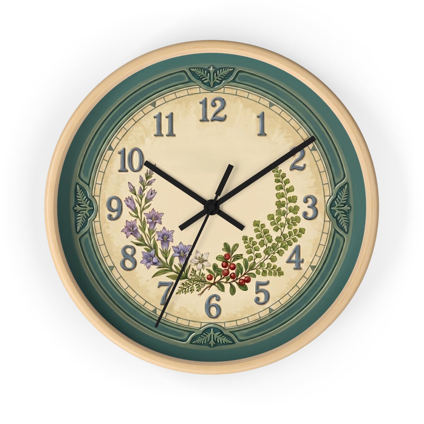 Coastal Turquoise Botanical Wall Clock | Lavender, Fern & Berries Clock