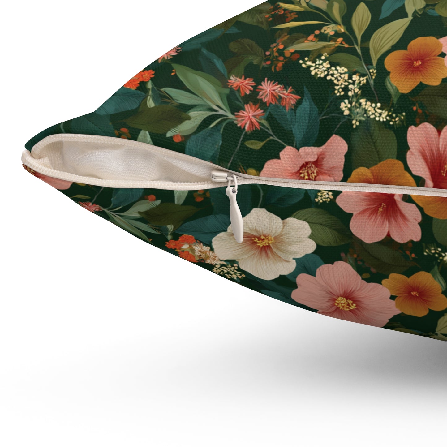 Vintage Floral Pattern Square Pillow | Dark Green Pink Orange Blossoms