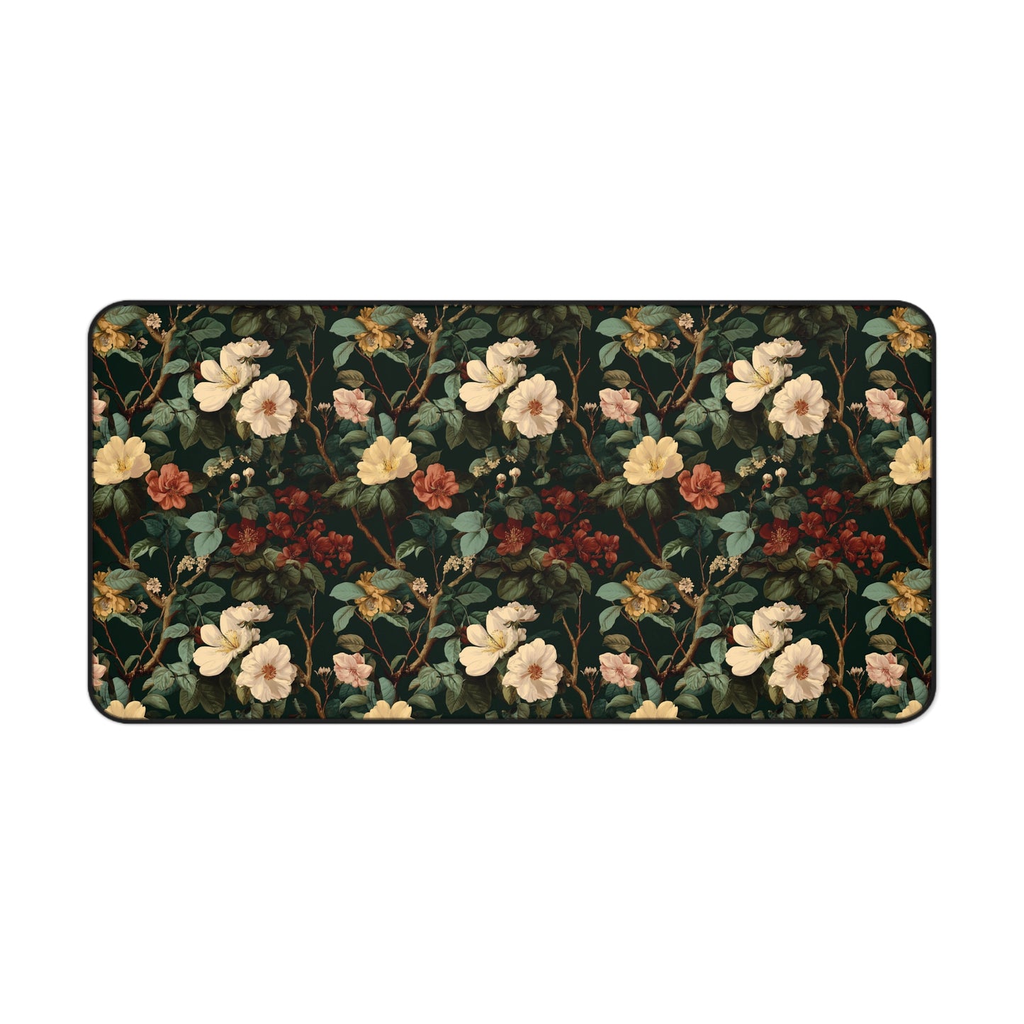 Vintage Botanical Floral Desk Mat | Dark Green Rose Pattern