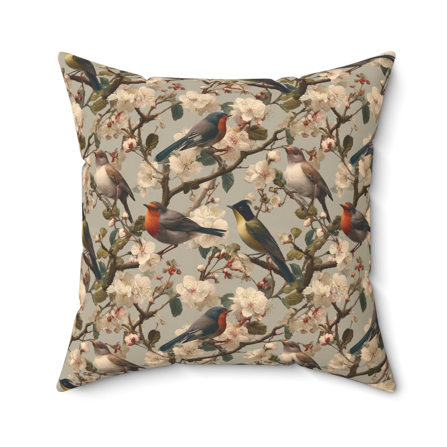 Vintage Floral Songbirds Pillow | Botanical Bird Pattern Square Pillow