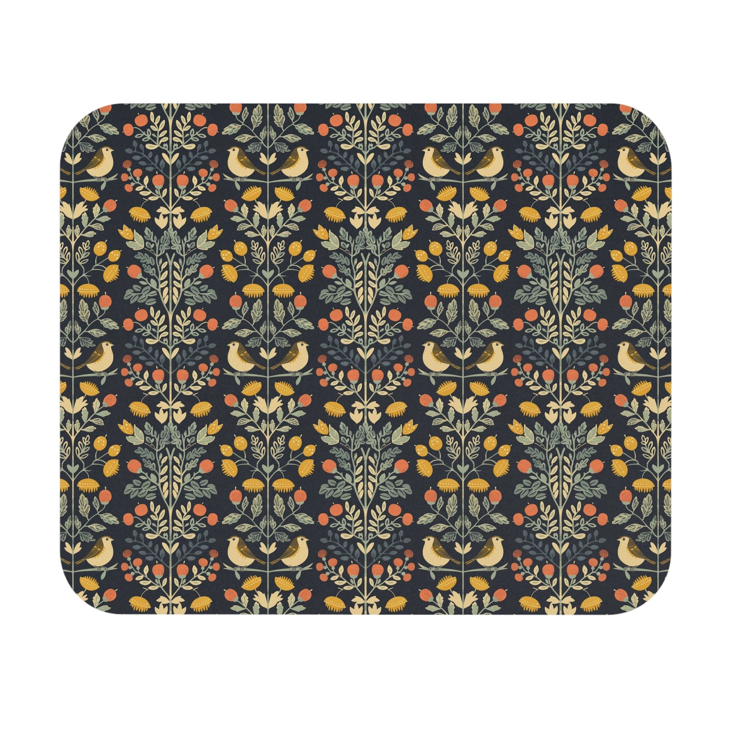 Folk Bird Floral Pattern Mouse Pad | Dark Botanical Woodland