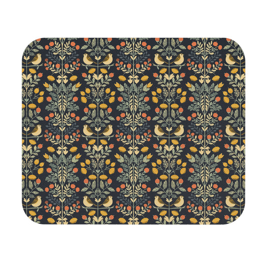 Folk Bird Floral Pattern Mouse Pad | Dark Botanical Woodland
