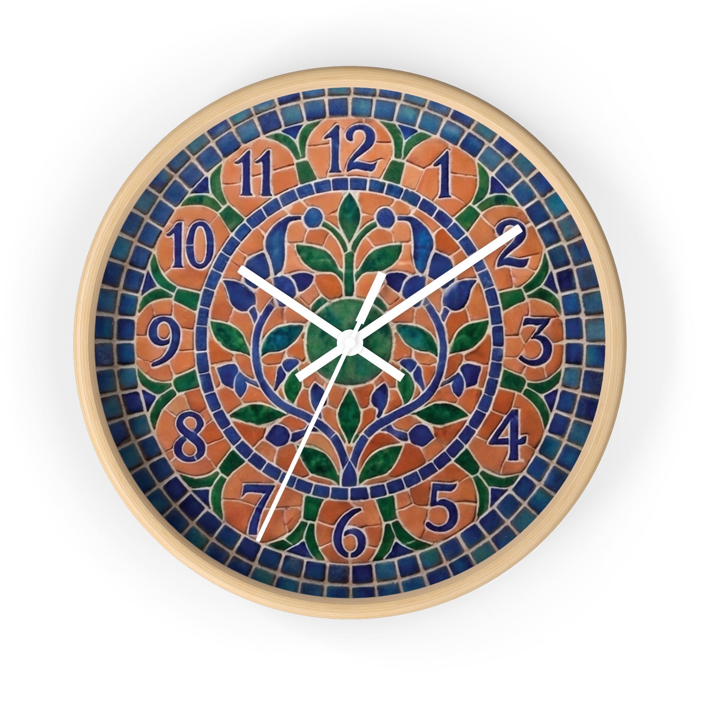 Mosaic Style Wall Clock - Terracotta Azure Blue Floral Print, Mediterranean Botany Decor