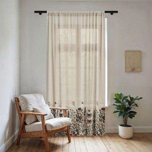 Floral Border Sheer Window Curtain | Boho Botanical Print, Cream Sheer Panel
