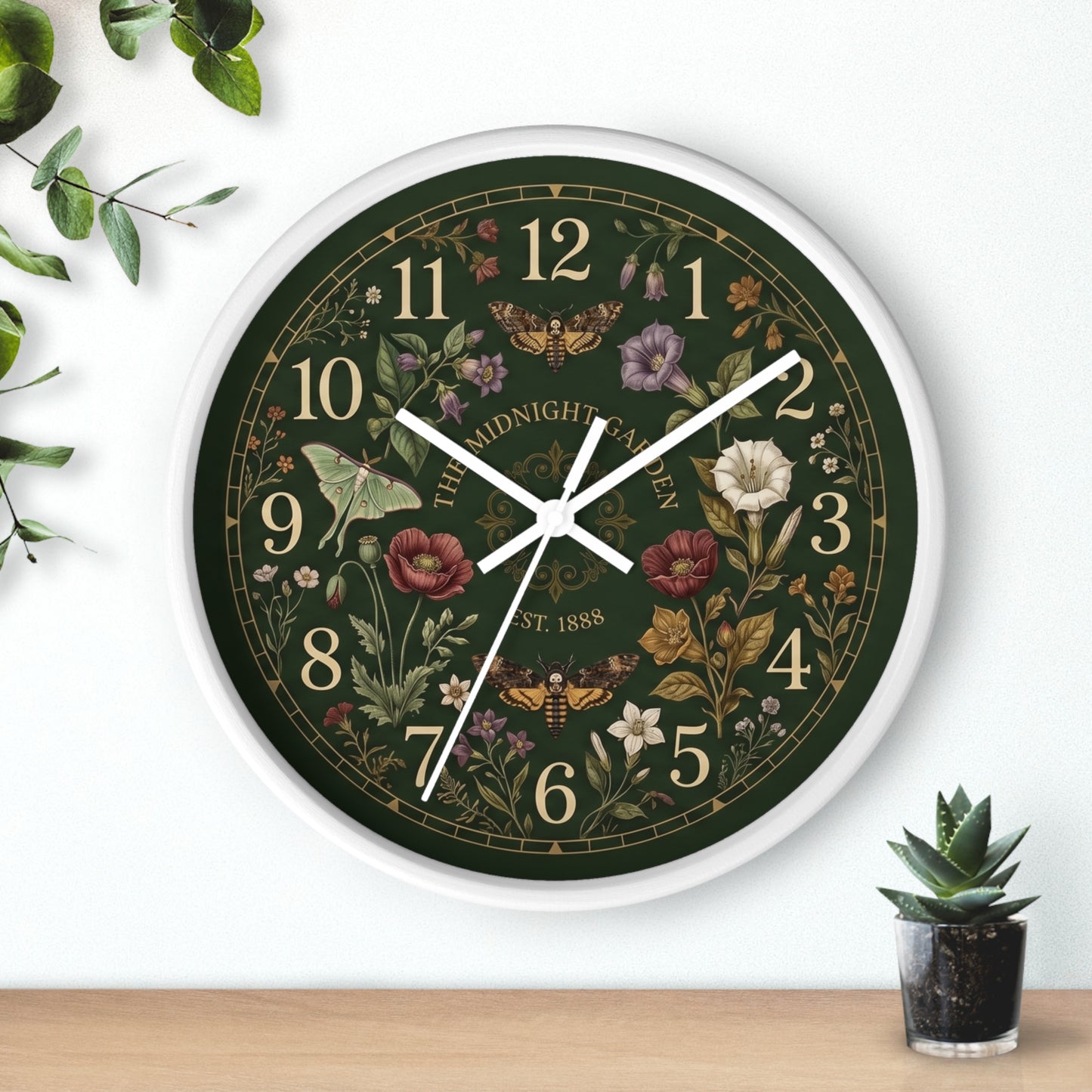 Vintage Floral Garden Clock | Botanical Wall Clock, Dark Green Floral Design