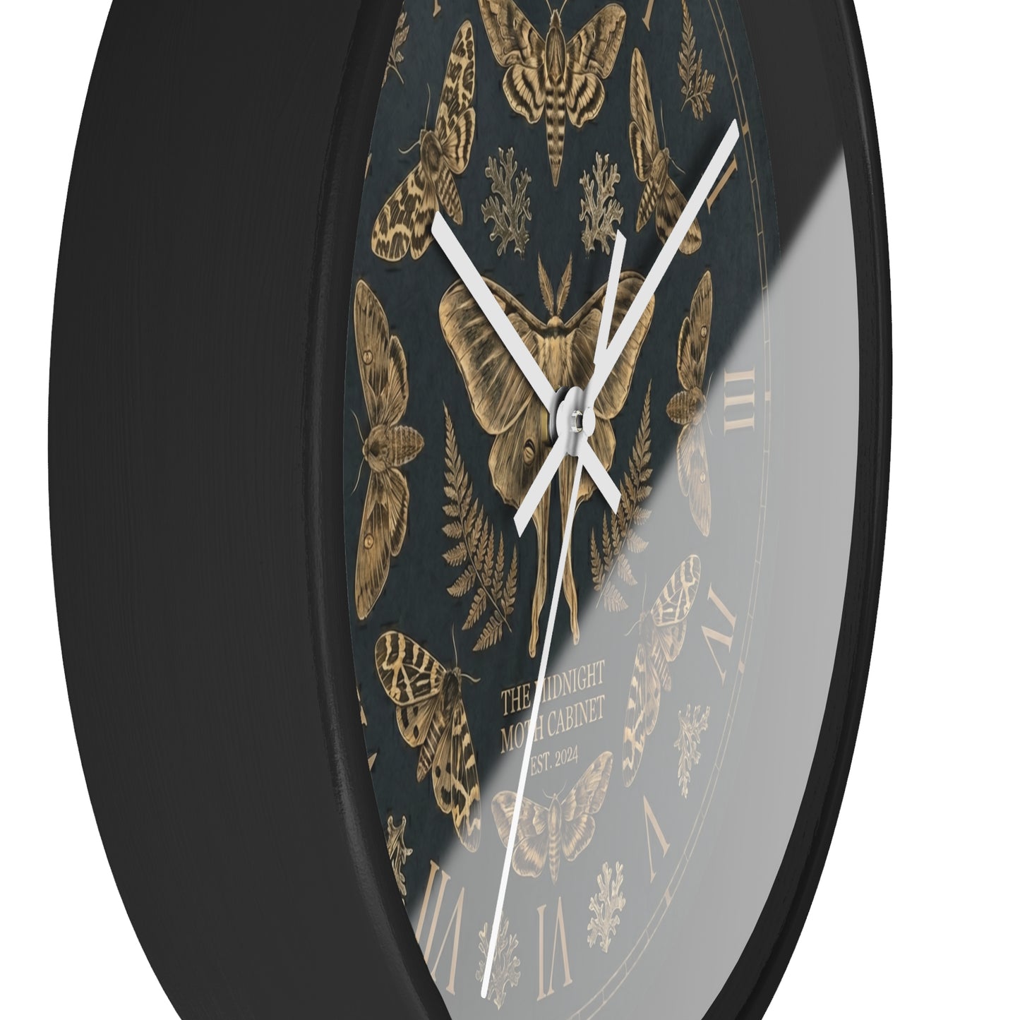 Midnight Moth Illustration Wall Clock | Vintage Moth Pattern, Roman Numerals