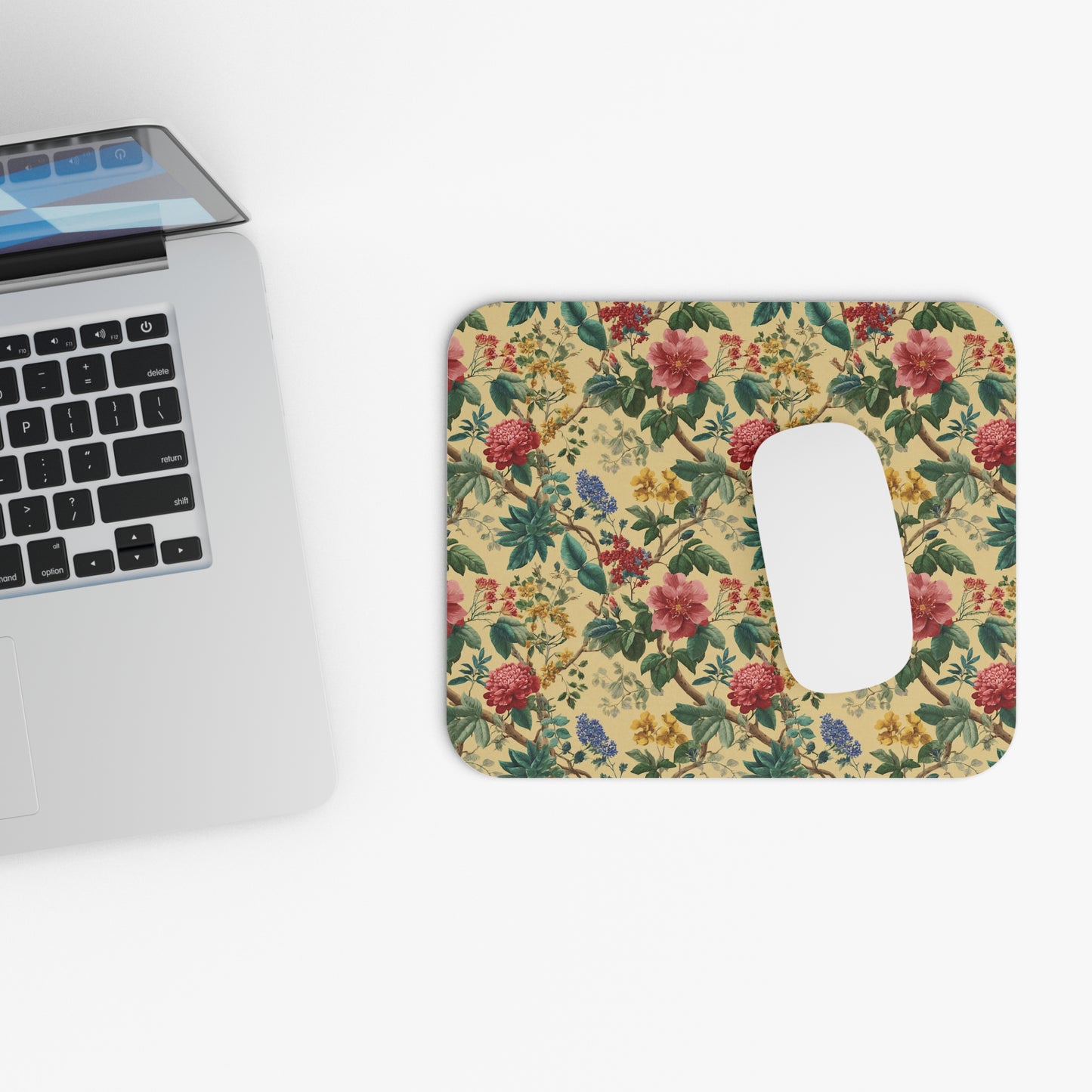 Vintage Floral Pattern Mouse Pad | Botanical Roses, Yellow Background