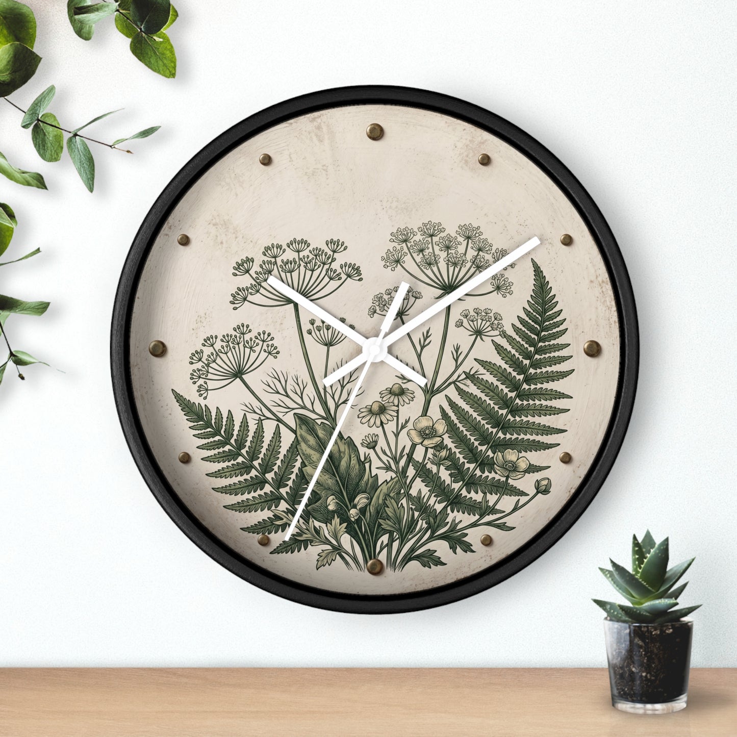 Vintage Botanical Fern Art Wall Clock | Herb Illustration Clock