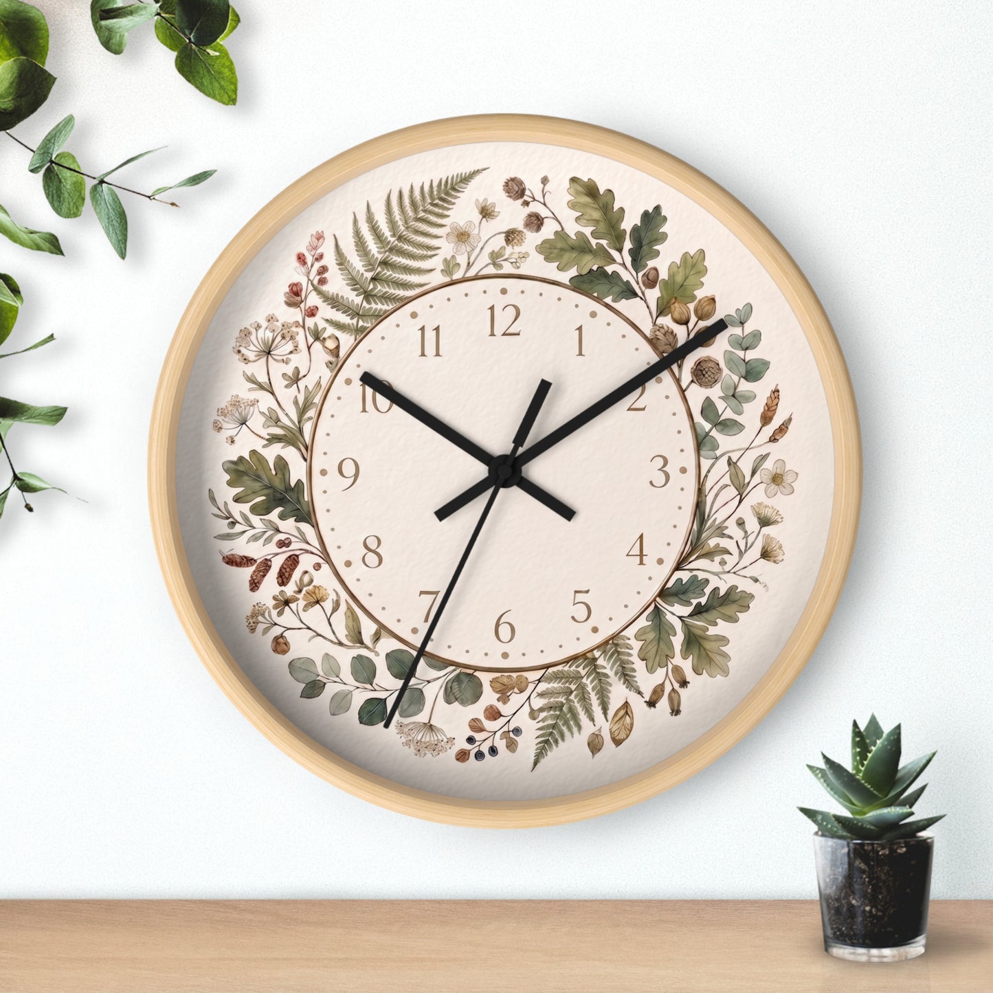 Botanical Wreath Wall Clock | Floral Foliage Illustration Clock, Neutral Nature Home Decor