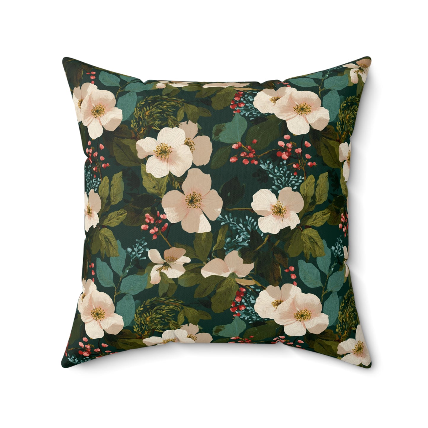 Cream Floral Pattern Pillow | Dark Green Botanical Throw Pillow