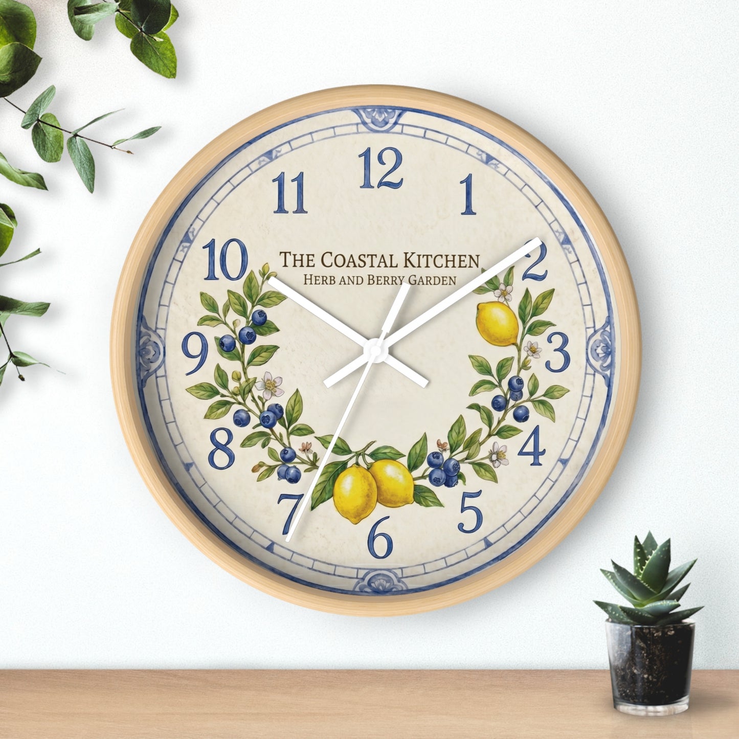 Lemon & Blueberry Wreath Wall Clock | Coastal Kitchen Herb Garden