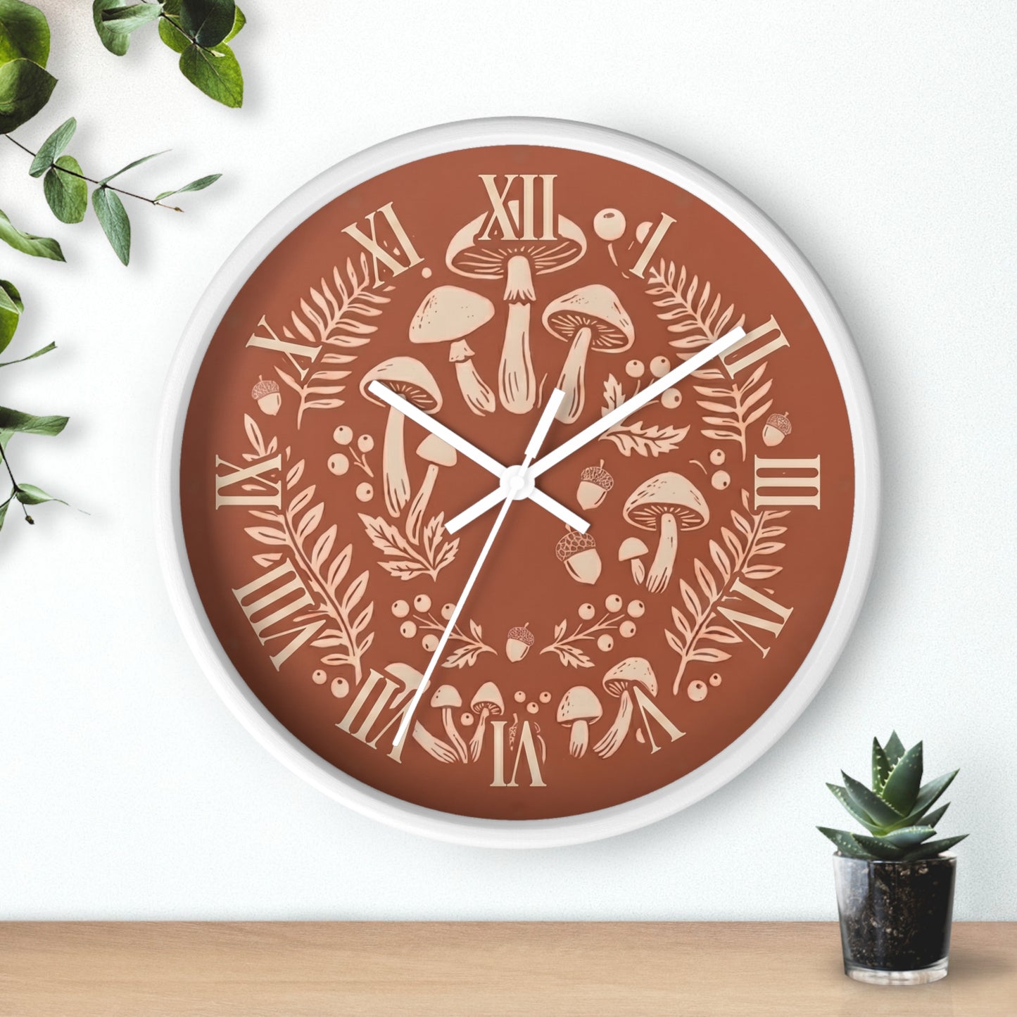 Mushroom Wreath Wall Clock | Botanical Fungi Illustration, Roman Numerals