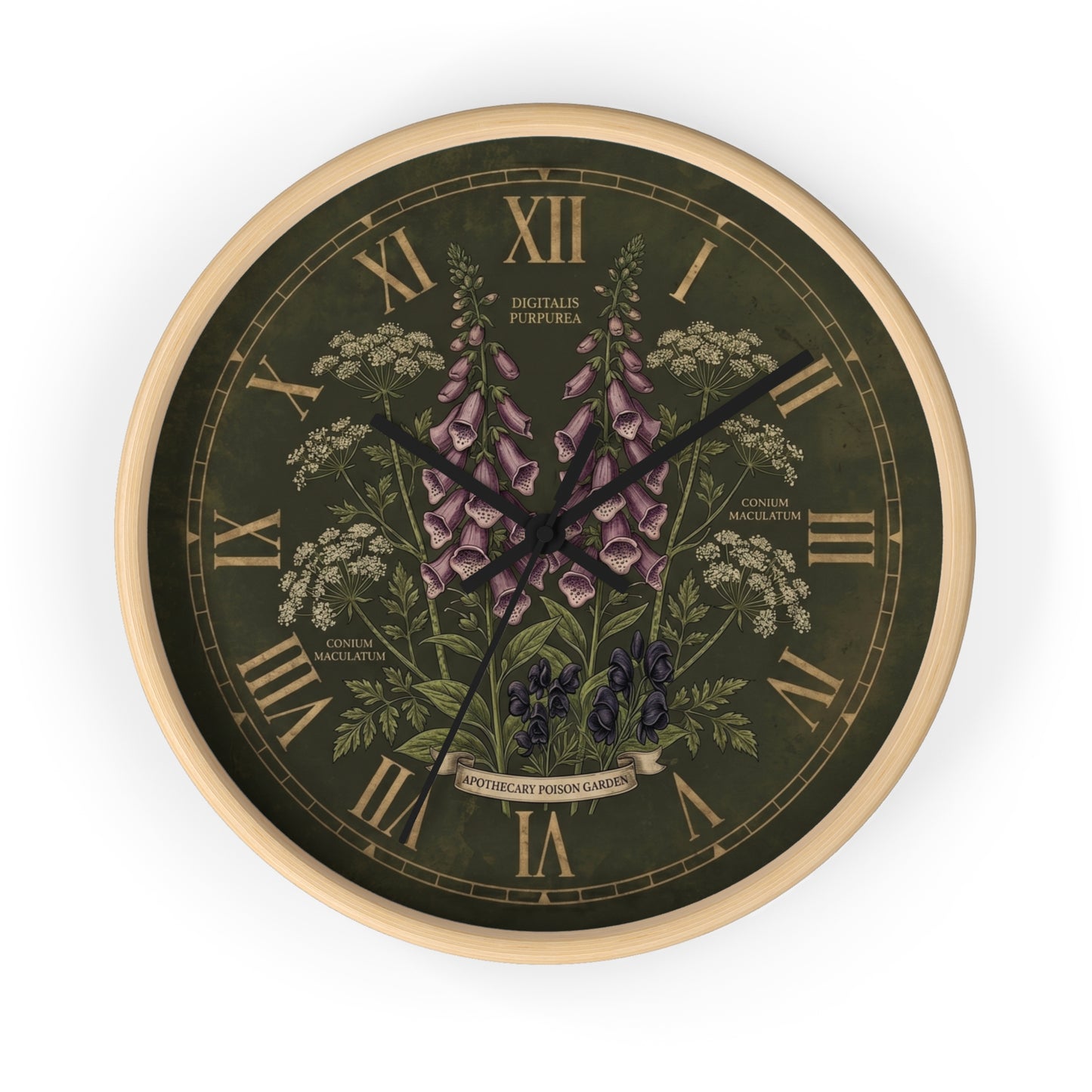 Vintage Botanical Foxglove Wall Clock | Apothecary Poison Garden, Roman Numerals, Dark Green Floral