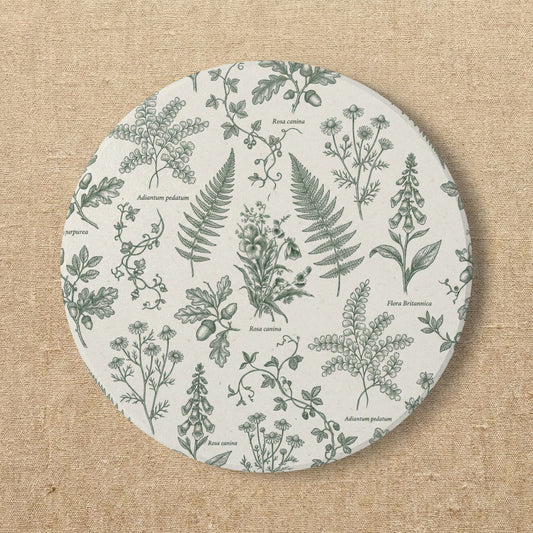Botanical Herb Pattern Ceramic Coaster | Green Ferns & Wildflowers