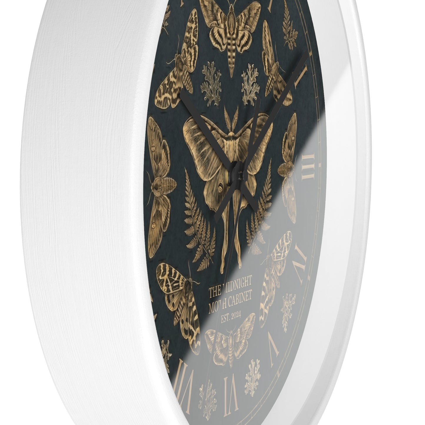 Midnight Moth Illustration Wall Clock | Vintage Moth Pattern, Roman Numerals