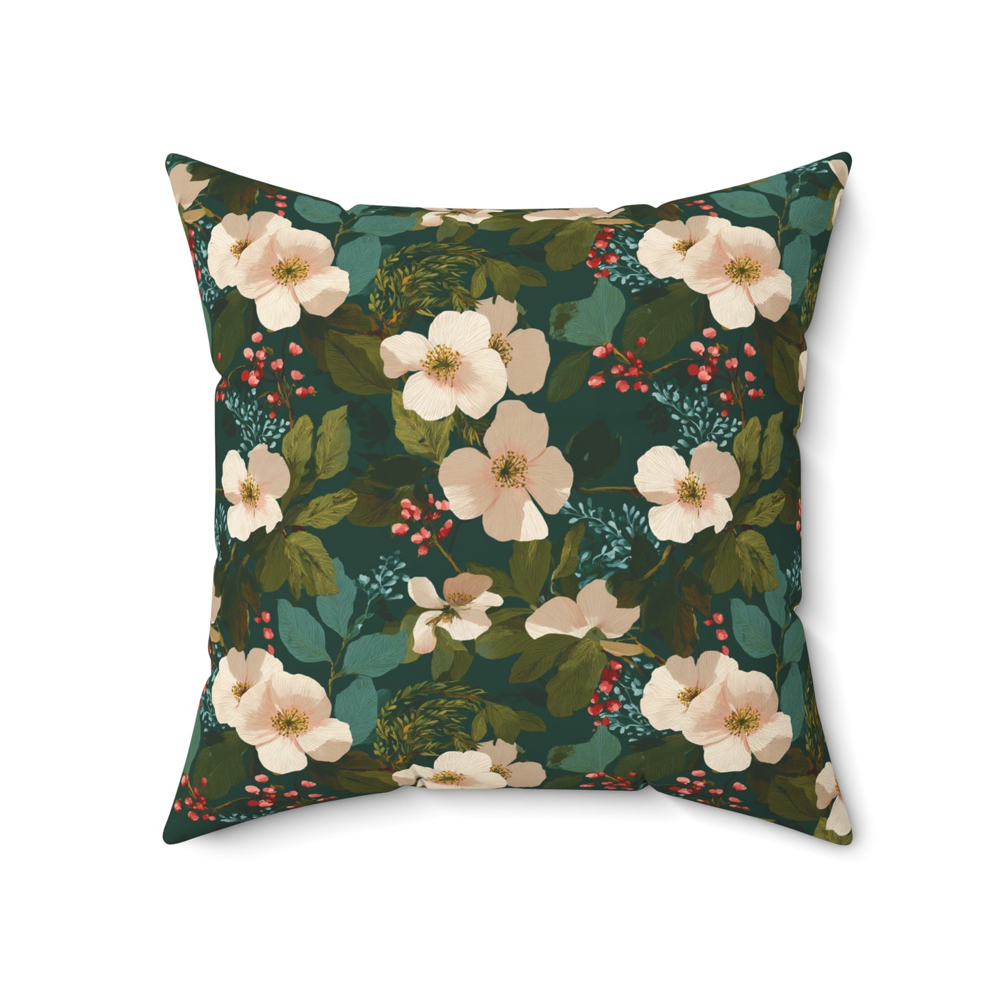 Cream Floral Pattern Pillow | Dark Green Botanical Throw Pillow