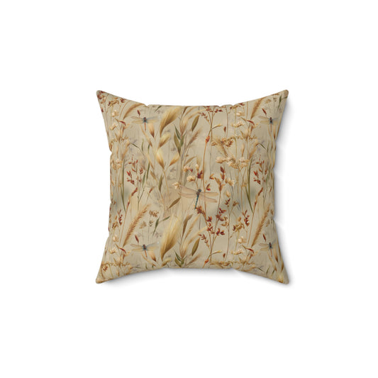 Neutral Botanical Print Pillow | Dried Wildflower Dragonfly Pattern, Square Throw Pillow