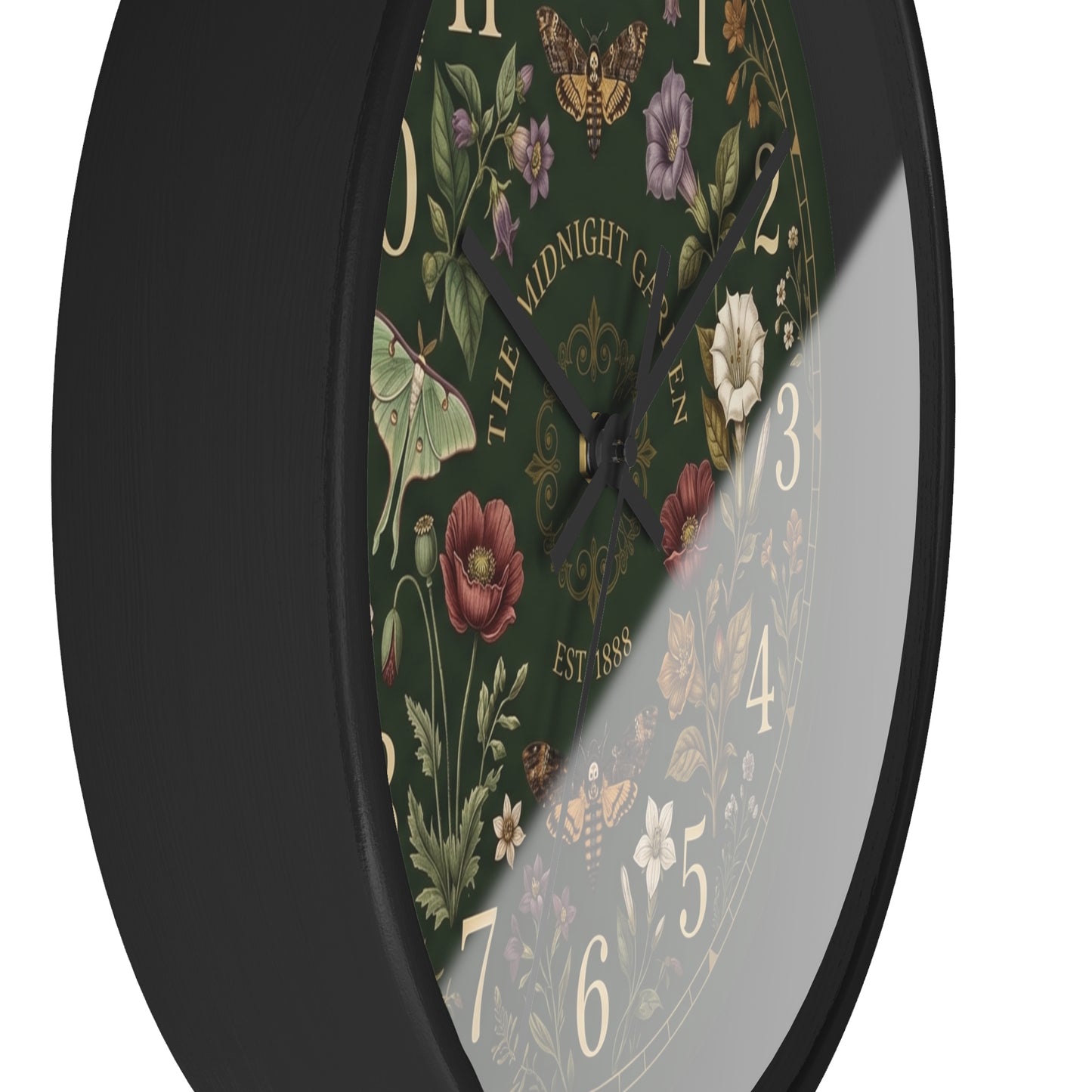 Vintage Floral Garden Clock | Botanical Wall Clock, Dark Green Floral Design