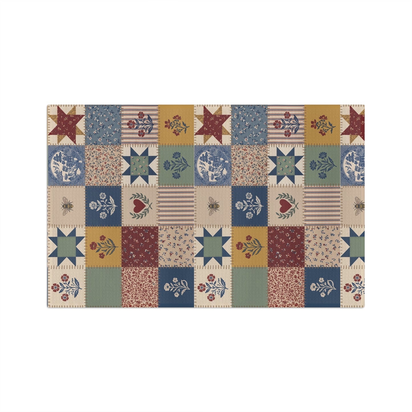 Country Quilt Patchwork Microfiber Tea Towel | Folk Floral Stars Patch Design
