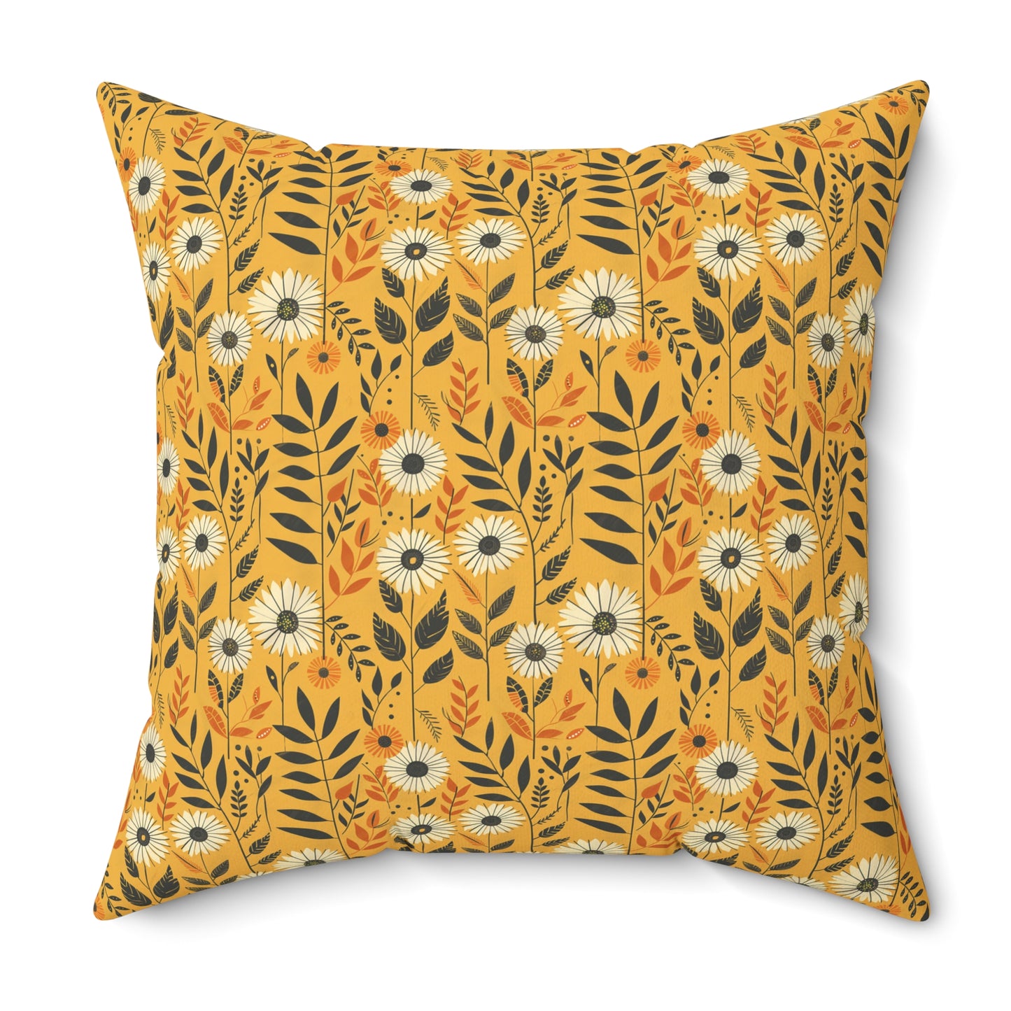 Yellow Floral Pattern Pillow | Daisies and Leaves Square Pillow