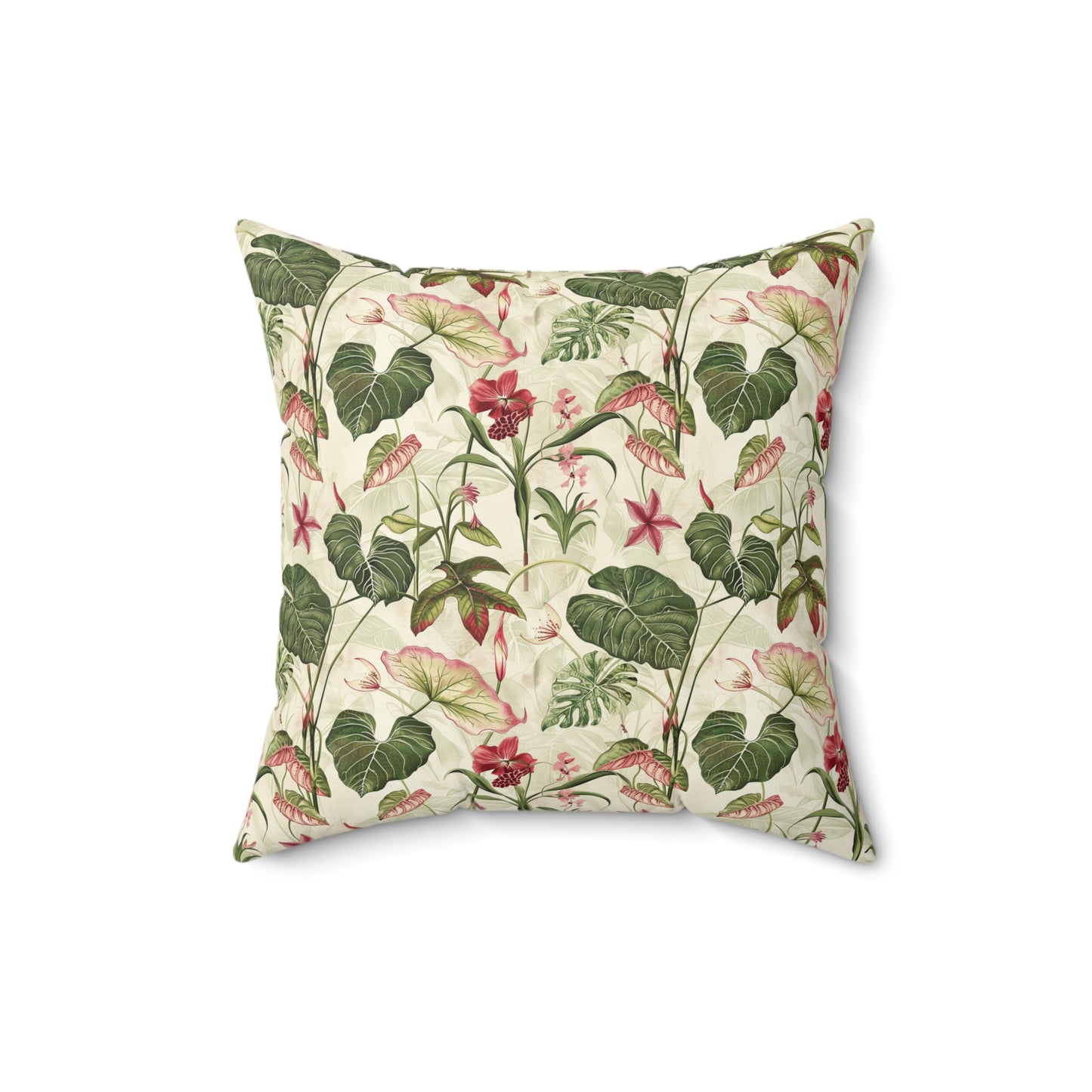 Vintage Botanical Floral Pattern Pillow | Tropical Leaves, Pink Flowers