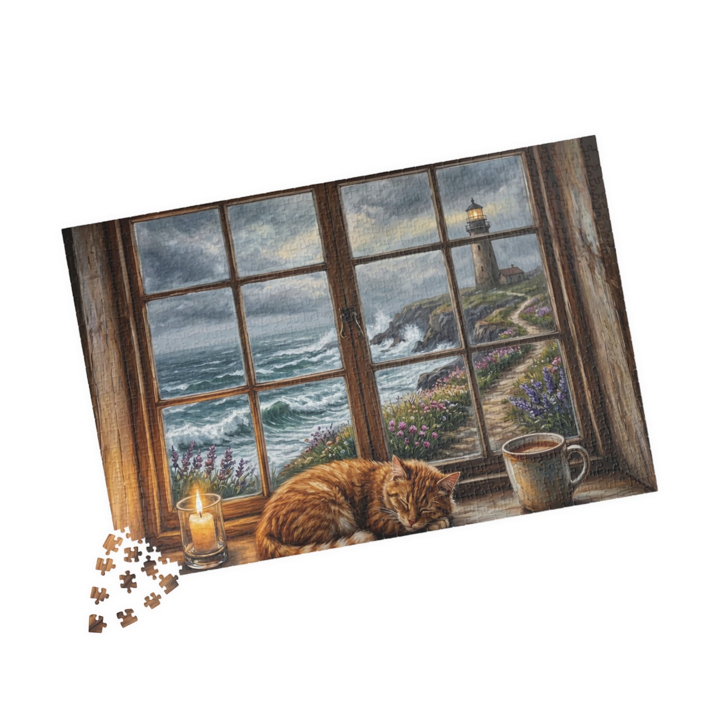 Cozy Cat Lighthouse Window Puzzle | Seaside Evening, Stormy Coastline, Scene