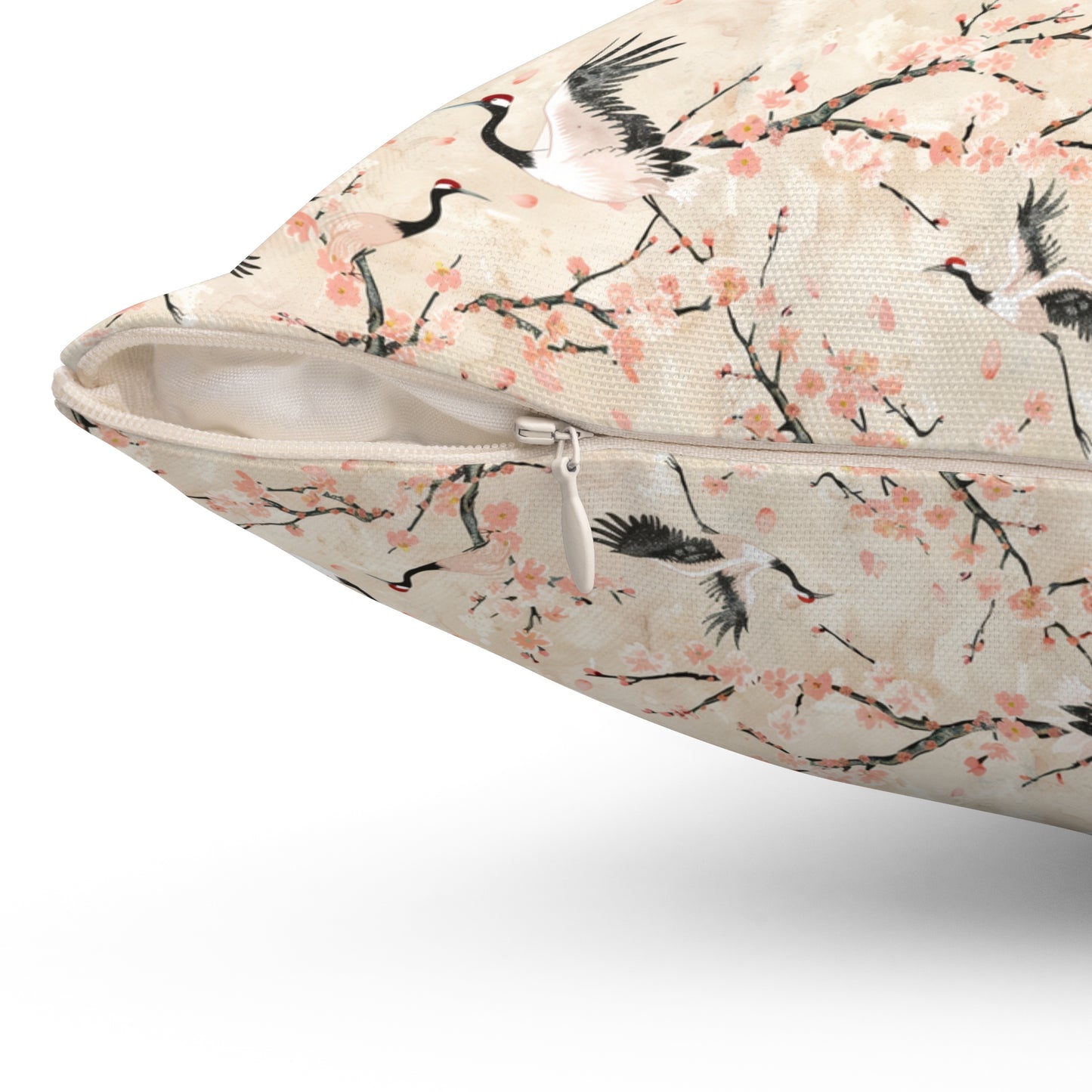Cherry Blossom Crane Pillow | Floral Japanese Stork Pattern Square Pillow