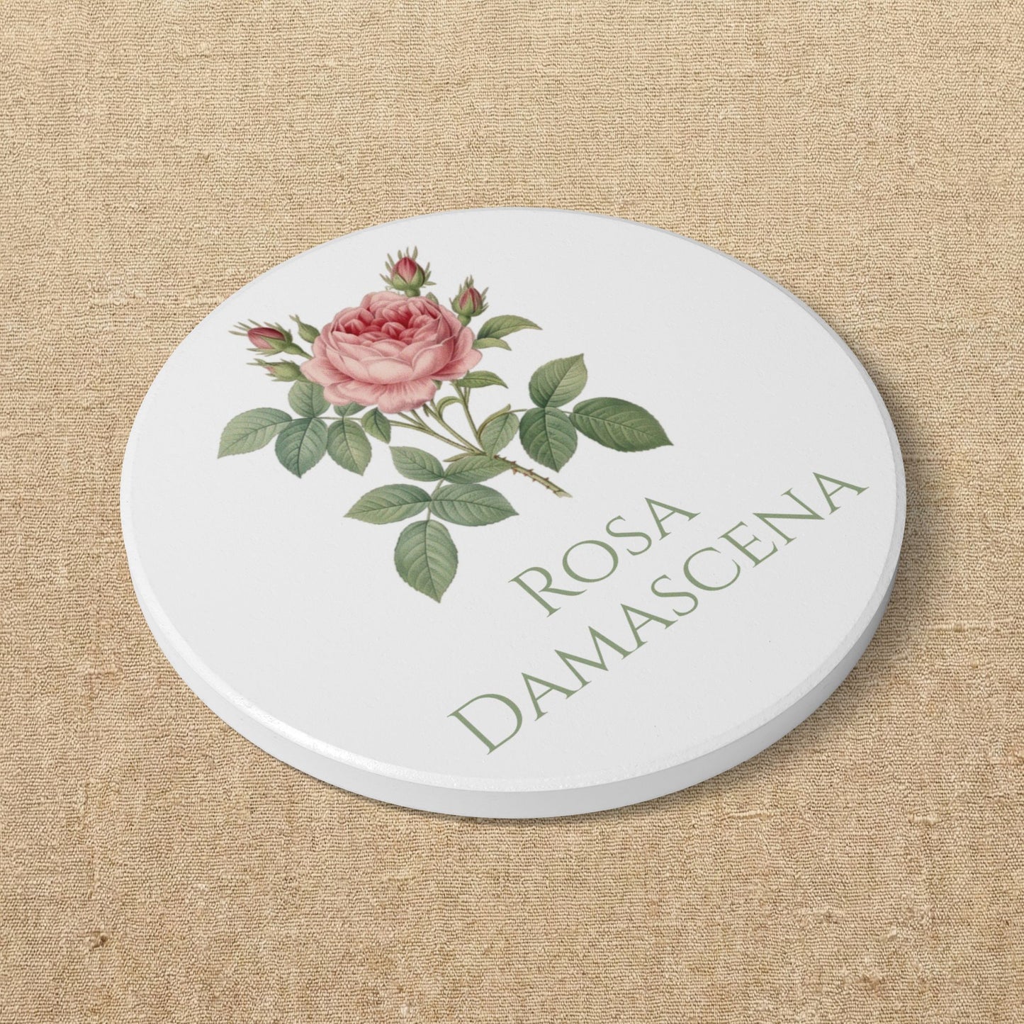 Rosa Damascena Rose Illustration Ceramic Coaster, Customizable Text
