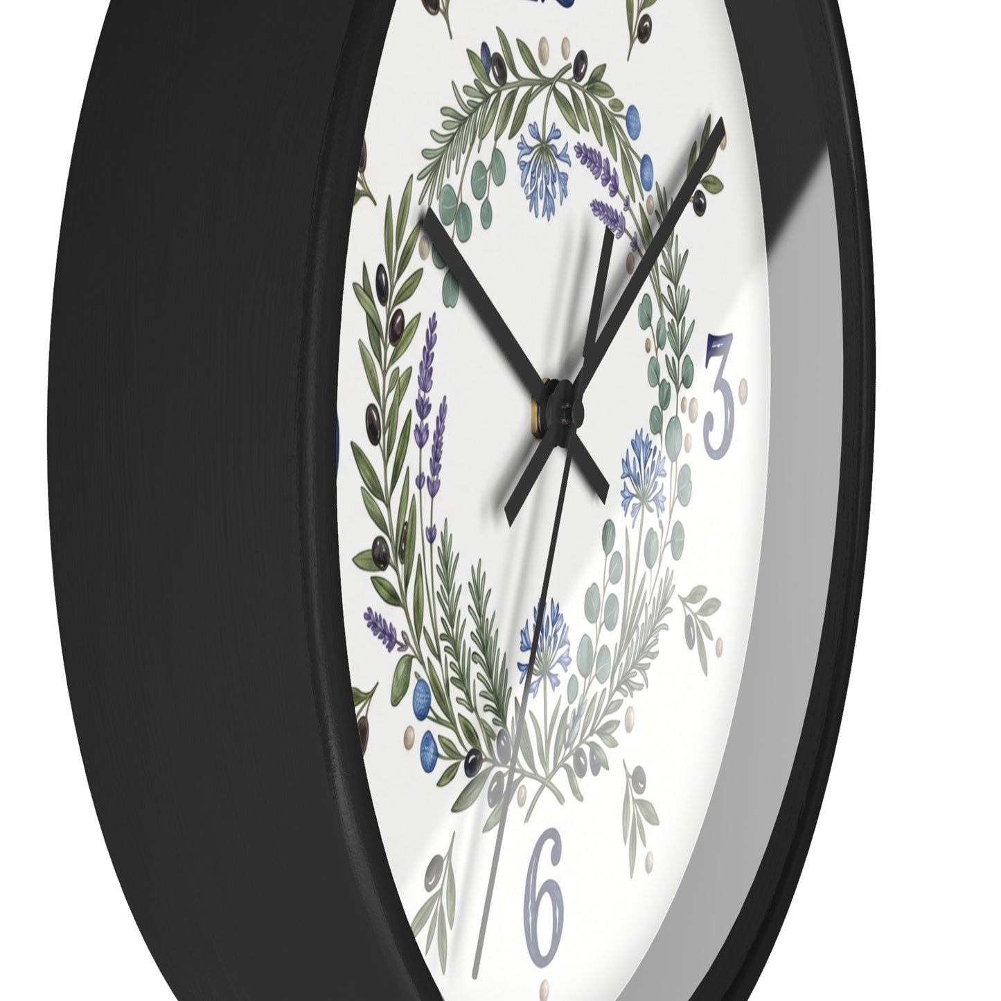 Botanical Wreath Wall Clock | Floral Laurel Timepiece, Blue Numbers