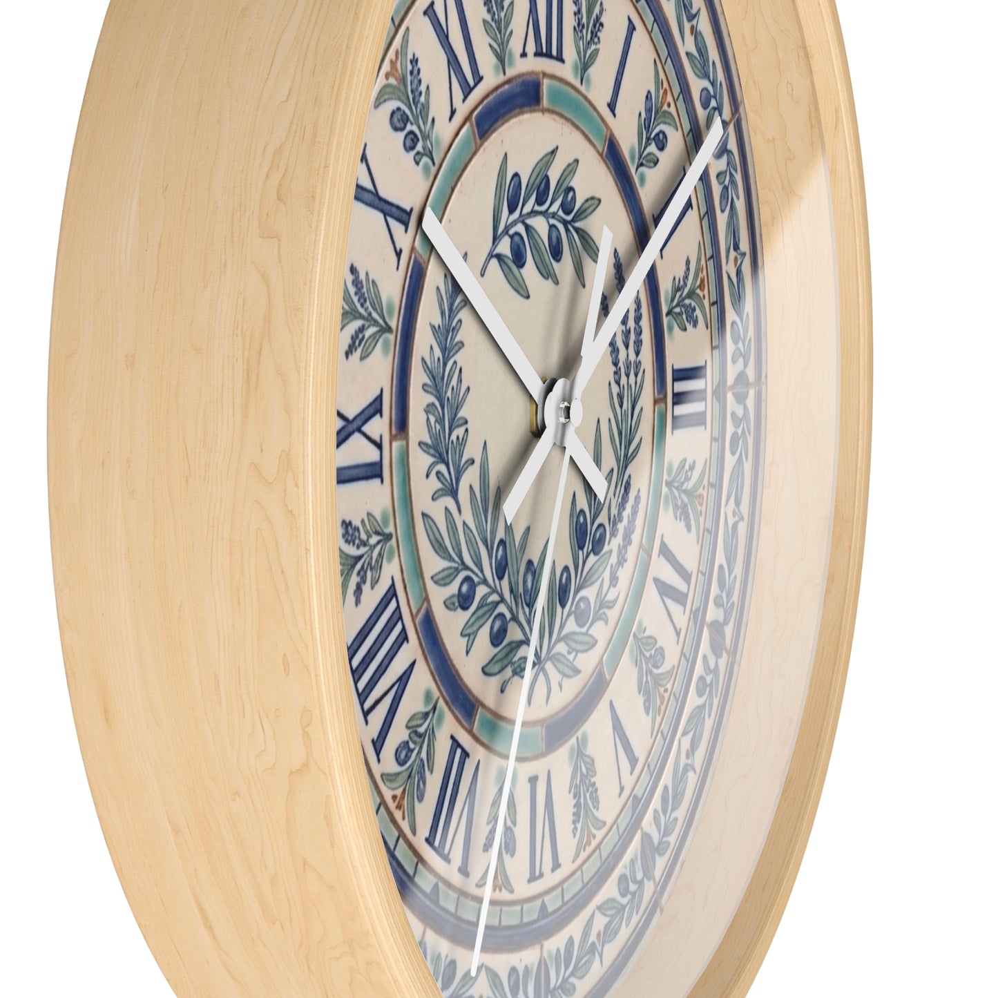 Blue Olive Wreath Wall Clock | Roman Numerals, Ceramic Tile Style