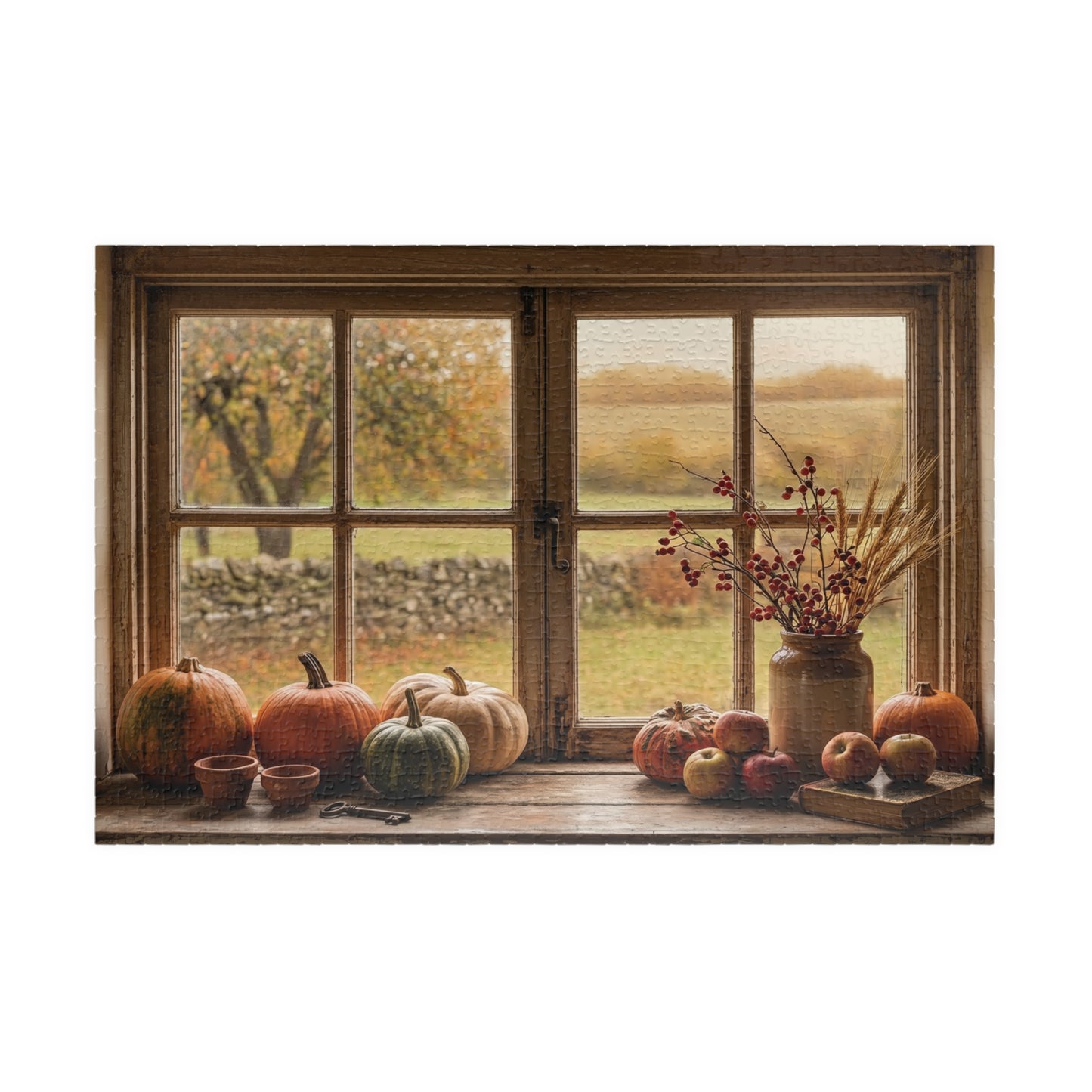 Autumn Harvest Window Puzzle 110, 252, 520, or 1014 Pieces | Fall Pumpkins Apples Still Life