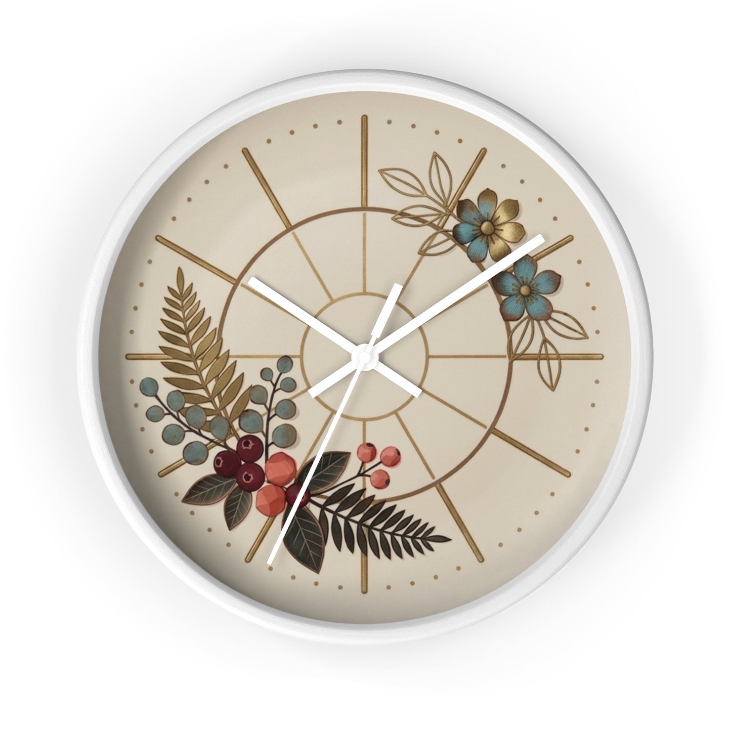 Botanical Floral Clock Wall Clock | Neutral Beige Flower Fern Design