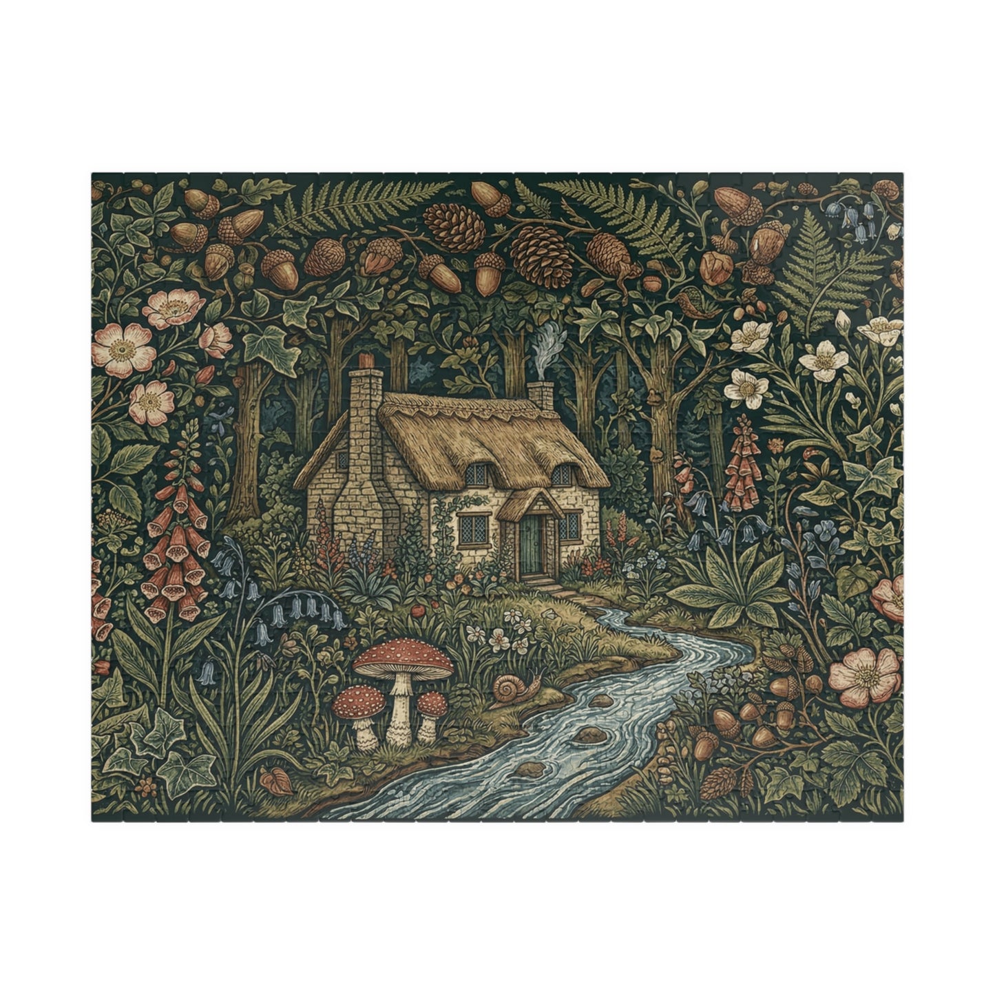 Cottage in Enchanted Forest Puzzle | 110, 252, 520, or 1014 Piece Woodland River Illustration