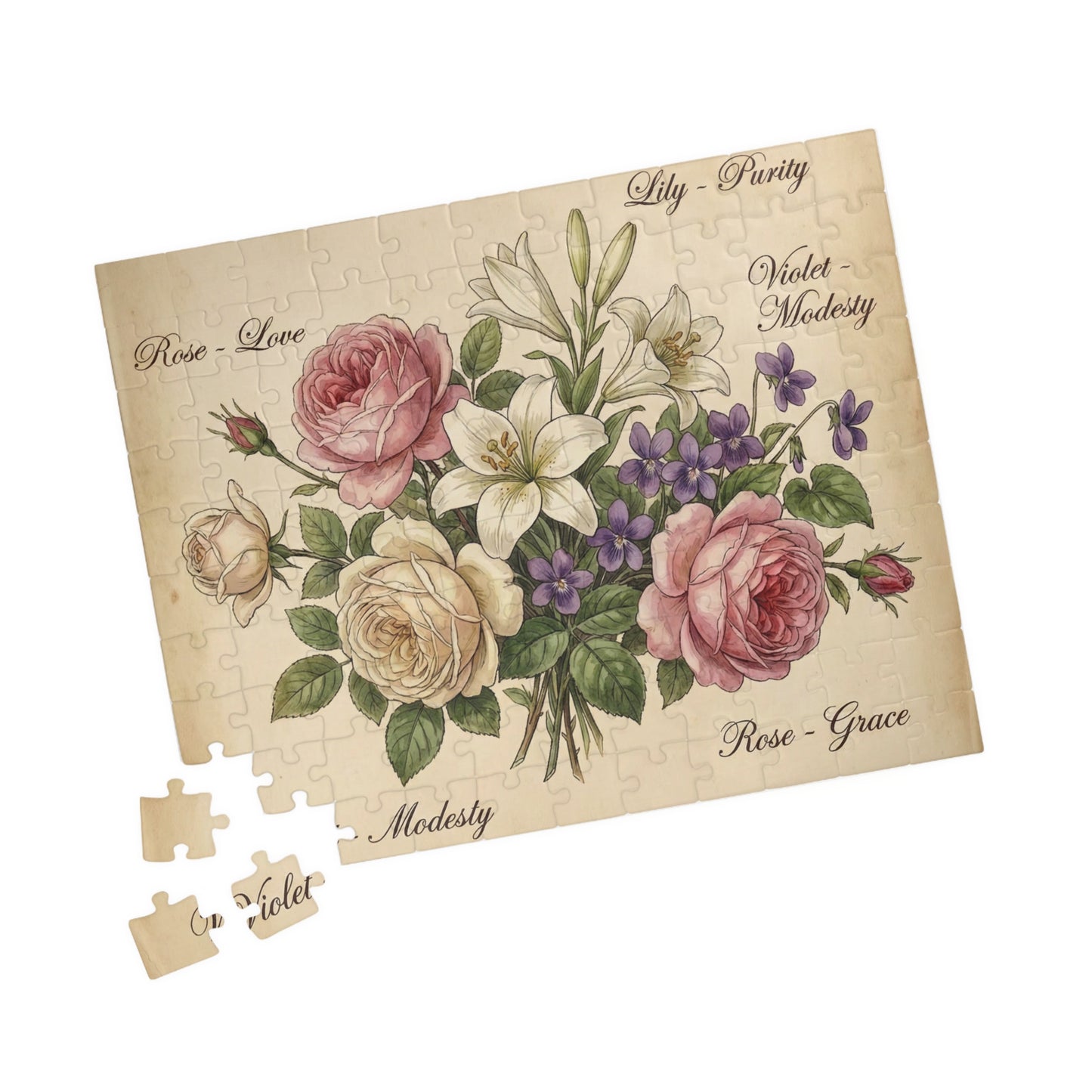 Vintage Floral Bouquet Puzzle | Rose Lily Violet Illustration