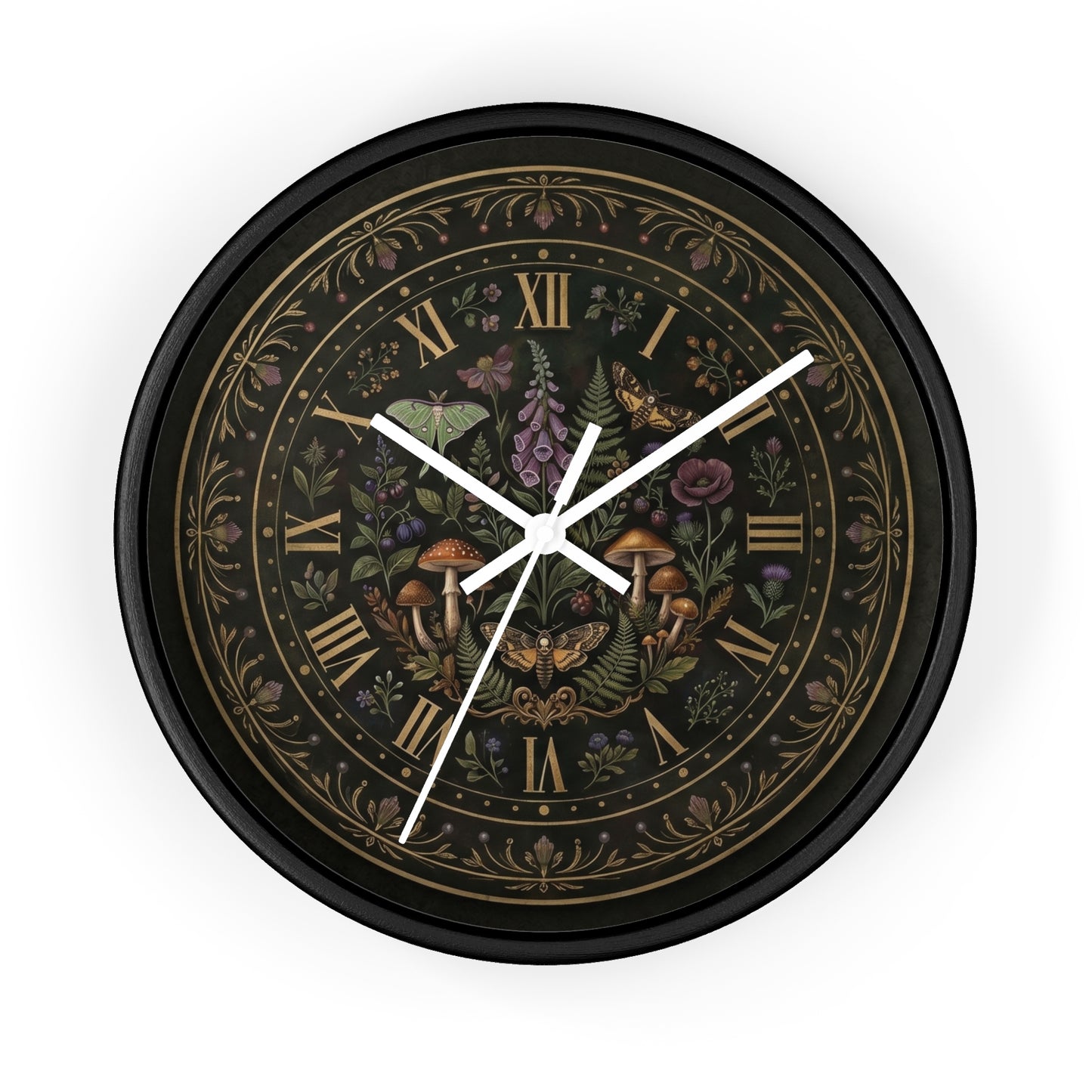 Moth & Mushroom Floral Wall Clock | Botanical Roman Numeral Timepiece