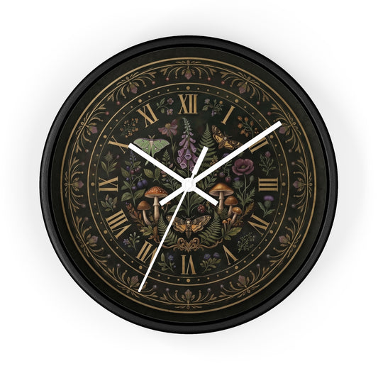 Moth & Mushroom Floral Wall Clock | Botanical Roman Numeral Timepiece