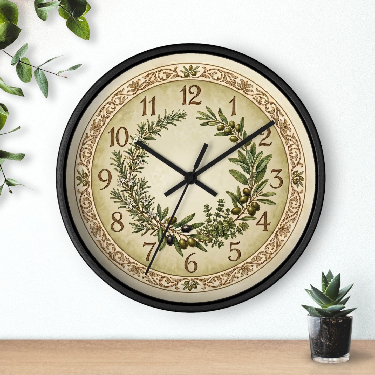 Herb Wreath Wall Clock | Olive & Rosemary Kitchen Clock, Rustic Botanical Decor