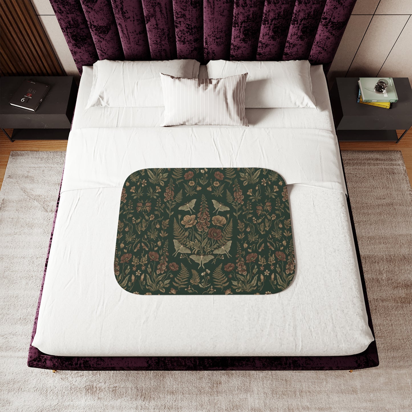 Vintage Floral Woodland Dark Sherpa Blanket | Botanical Pattern, Dark Green