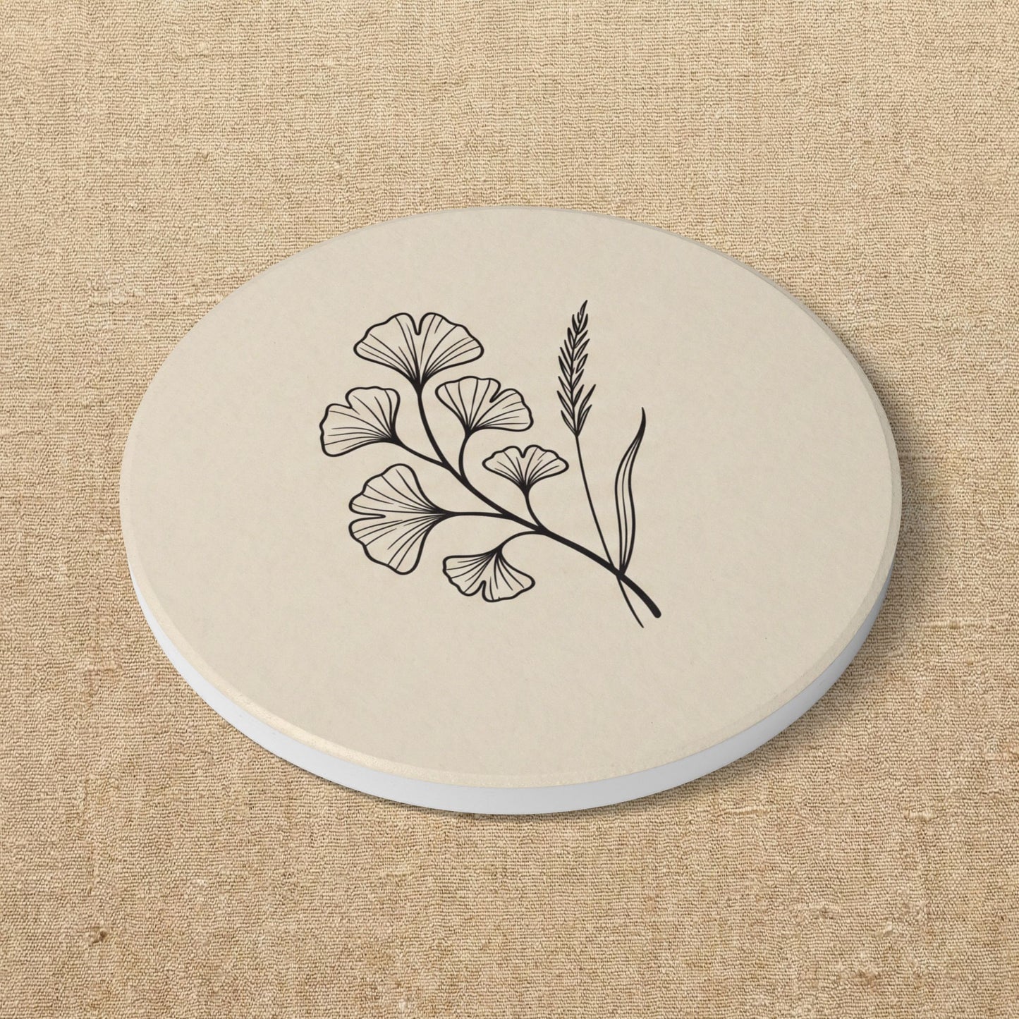 Ginkgo Biloba Ceramic Coaster | Minimalist Botanical Drink Mat | Warm Japandi Boho Kitchen Decor | Housewarming Gift for Her