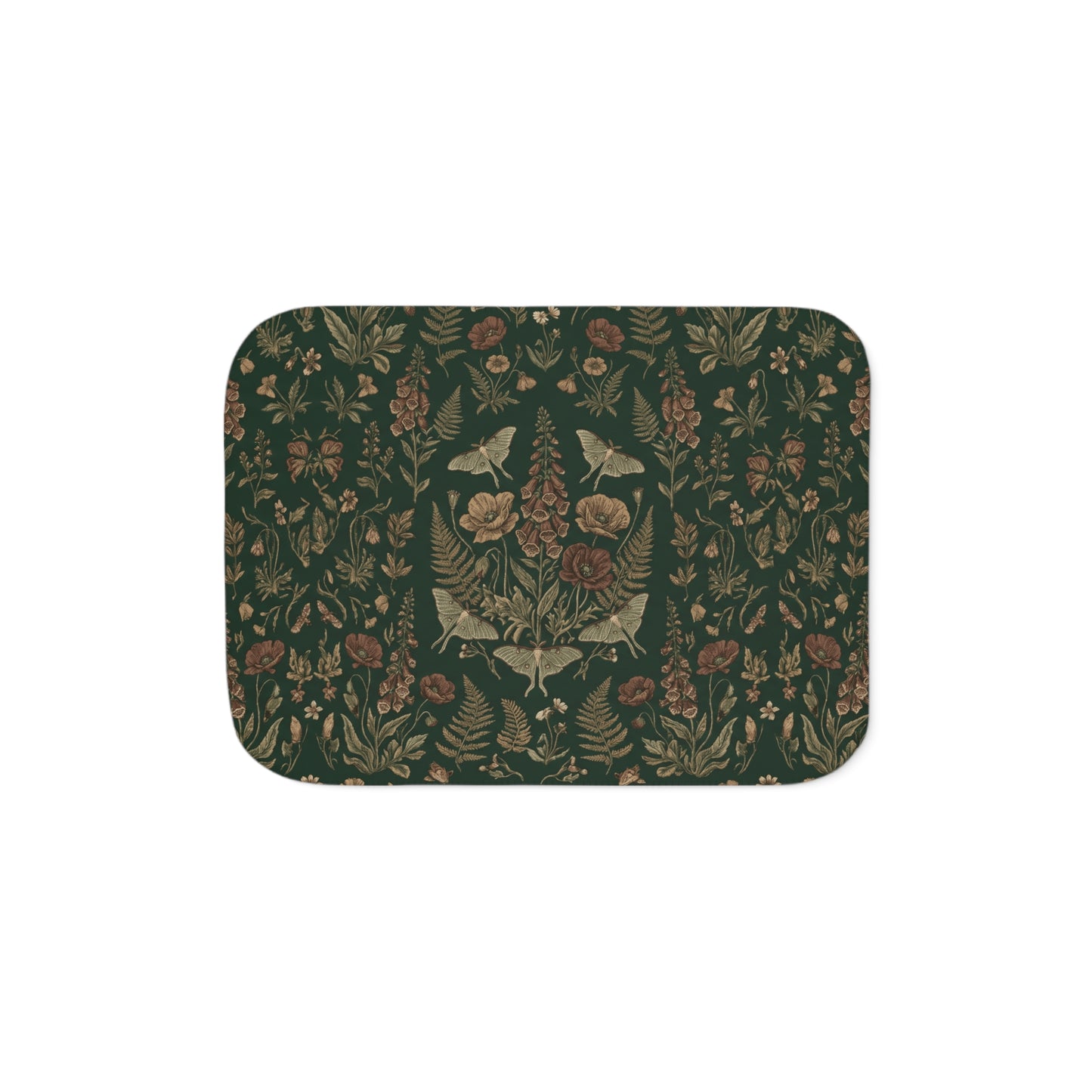 Vintage Floral Woodland Dark Sherpa Blanket | Botanical Pattern, Dark Green