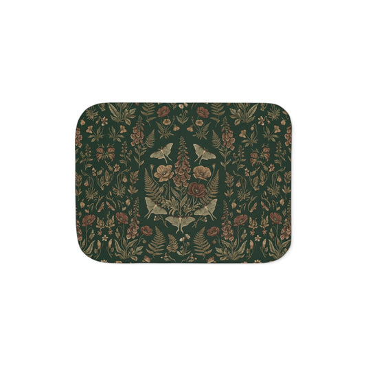 Vintage Floral Woodland Dark Sherpa Blanket | Botanical Pattern, Dark Green