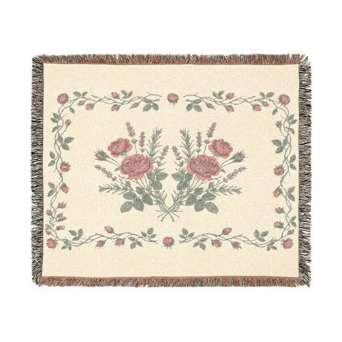 Vintage Rose Lavender Floral Woven Blanket | Tapestry Throw, Floral Fringe