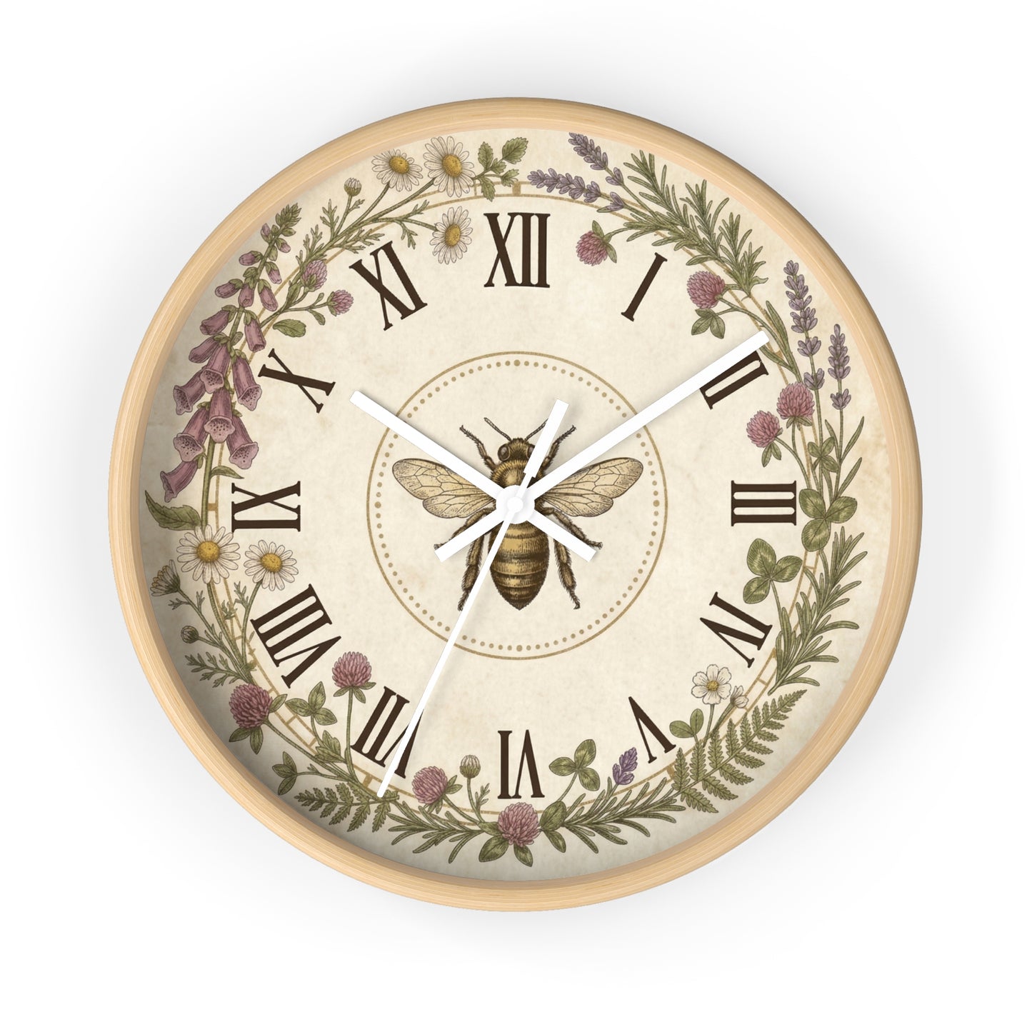 Vintage Bee Wreath Wall Clock | Floral Roman Numerals
