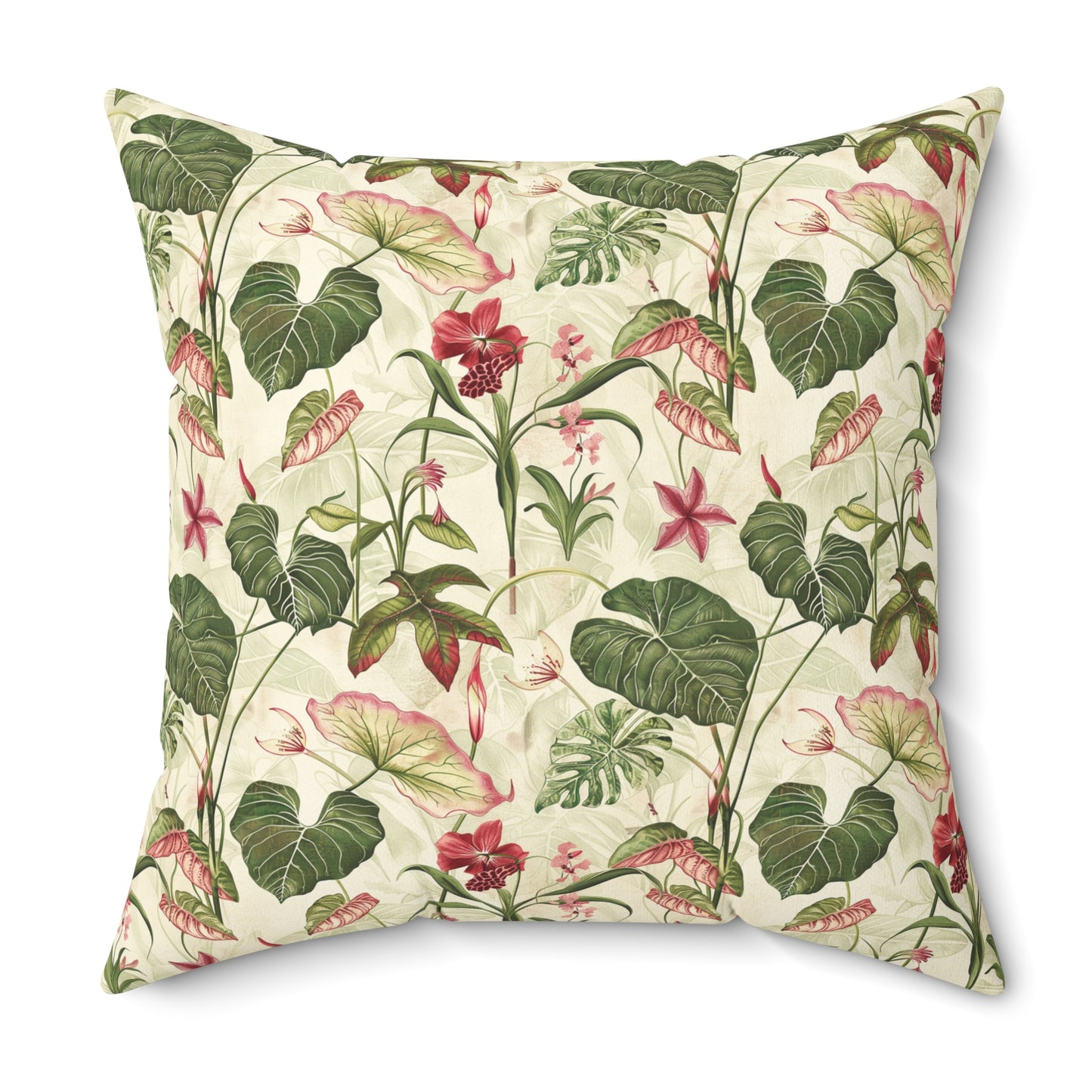 Vintage Botanical Floral Pattern Pillow | Tropical Leaves, Pink Flowers