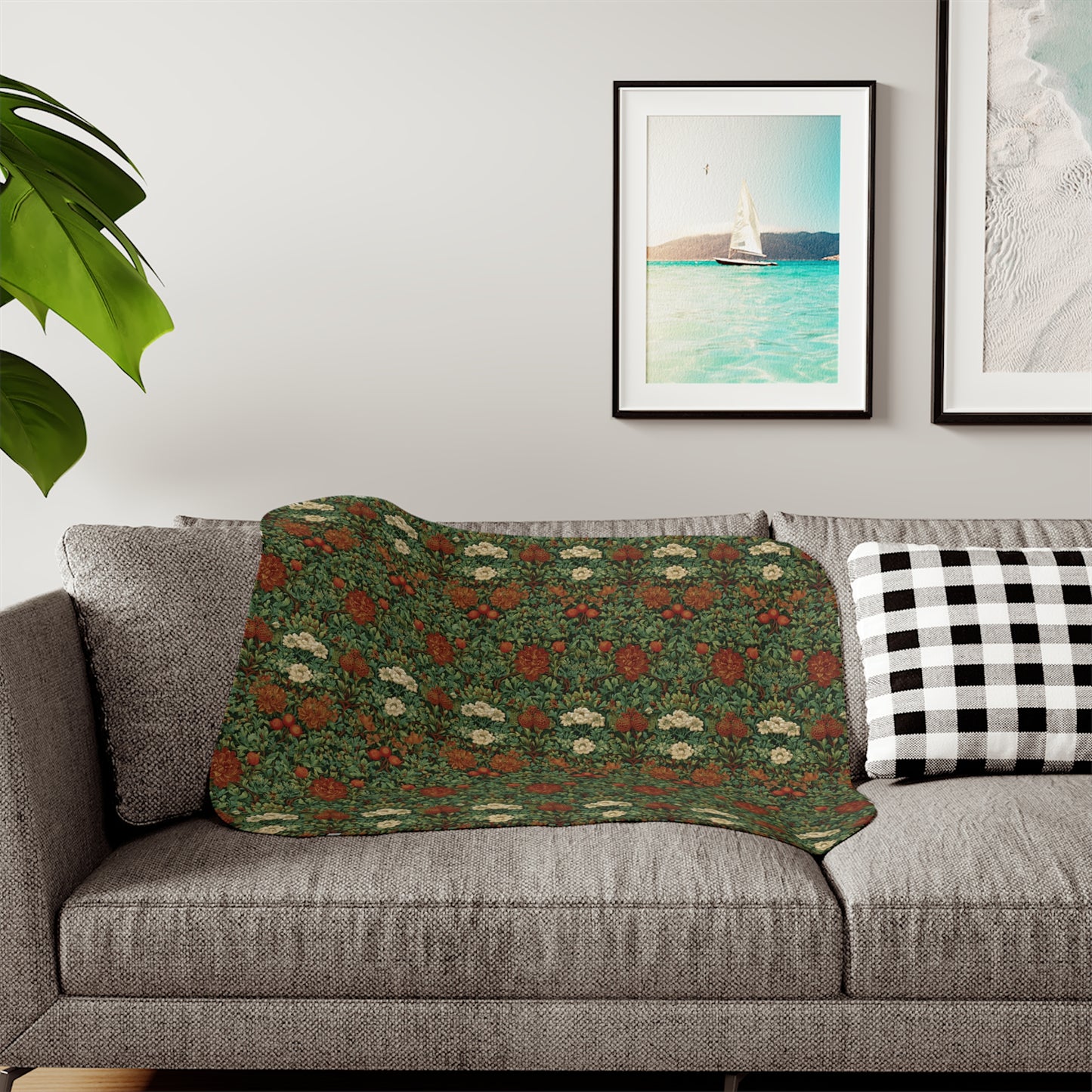 Vintage William Morris Style Floral Pattern Sherpa Blanket | Cozy Retro Botanical Throw