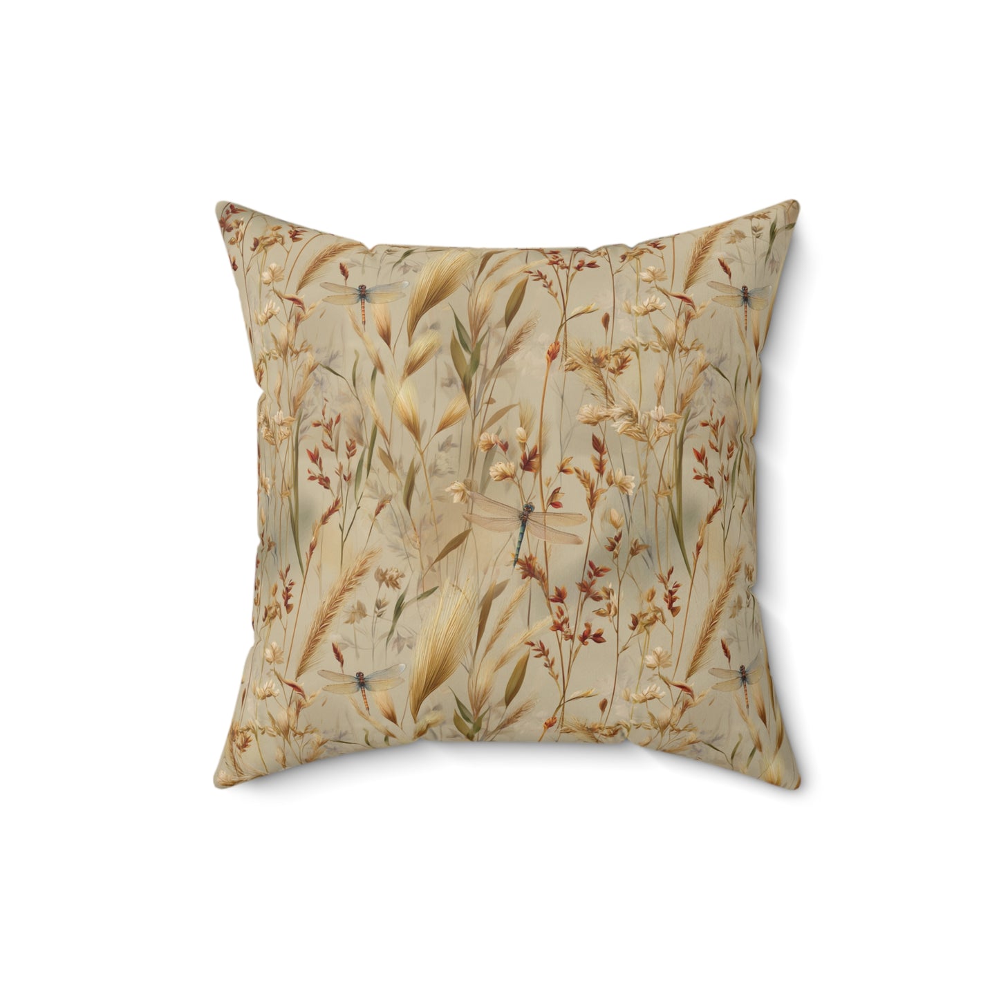 Neutral Botanical Print Pillow | Dried Wildflower Dragonfly Pattern, Square Throw Pillow