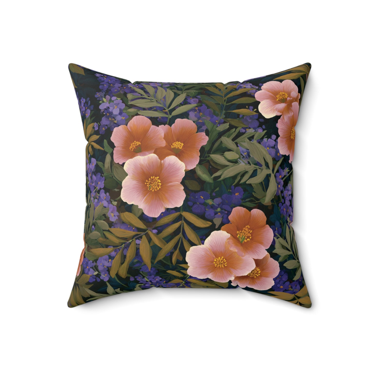 Peach Wildflower Pattern Pillow | Floral Botanical Throw Pillow, Dark Navy Background