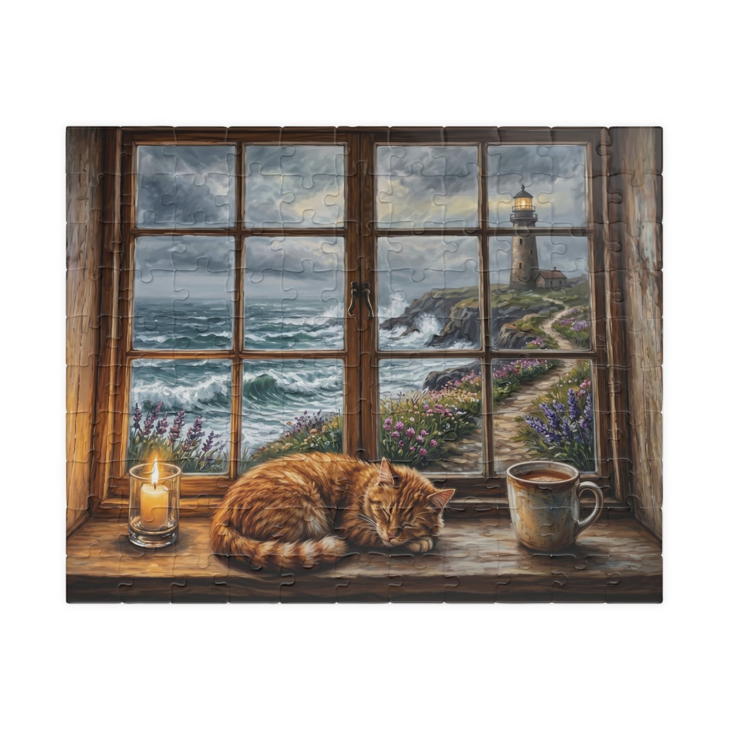 Cozy Cat Lighthouse Window Puzzle | Seaside Evening, Stormy Coastline, Scene
