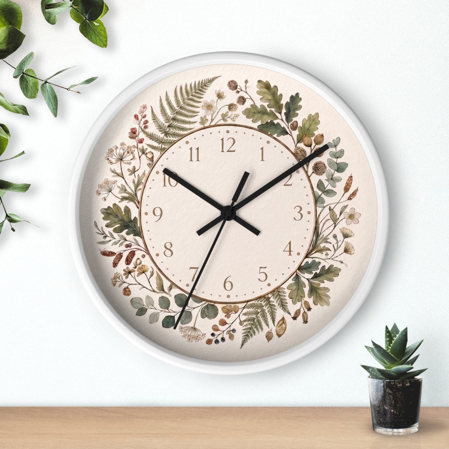 Botanical Wreath Wall Clock | Floral Foliage Illustration Clock, Neutral Nature Home Decor