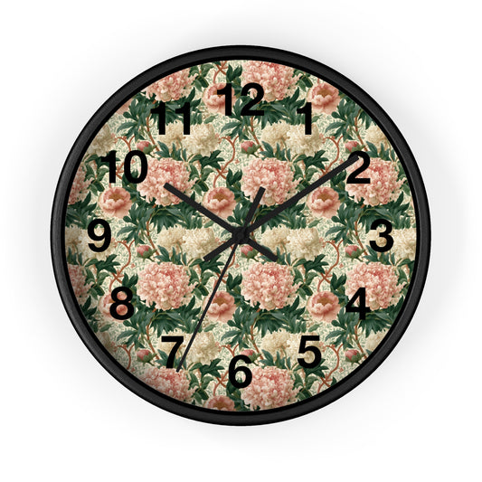 Vintage Pink Peony Pattern Wall Clock | Floral Botanical Home Decor